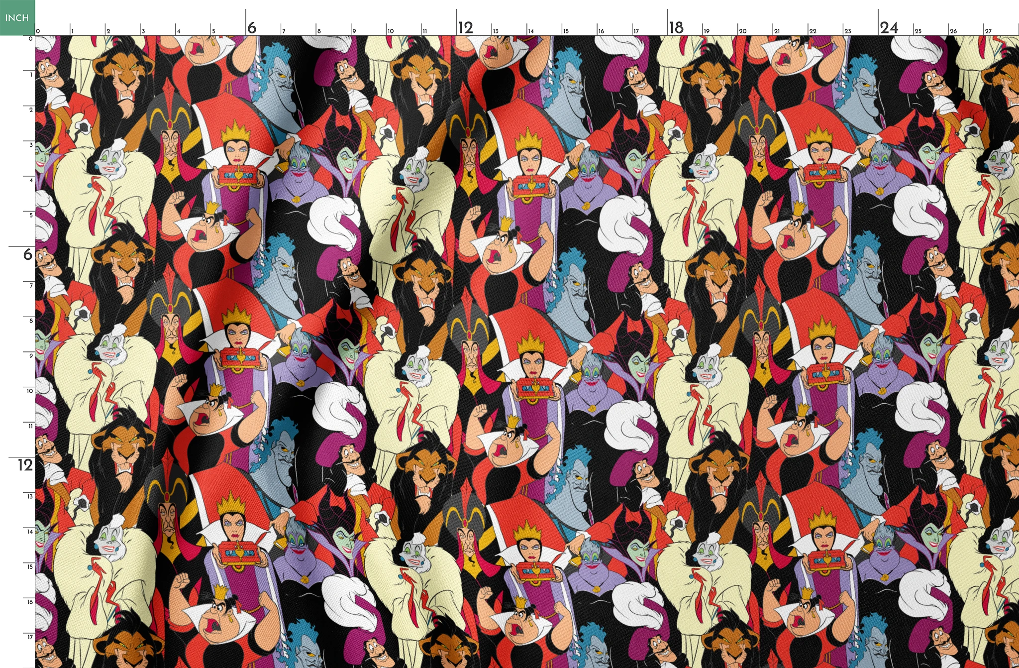 Disney villains collage featuring colorful animated characters with distinct evil expressions and iconic costumes. springs fatquarter mockup