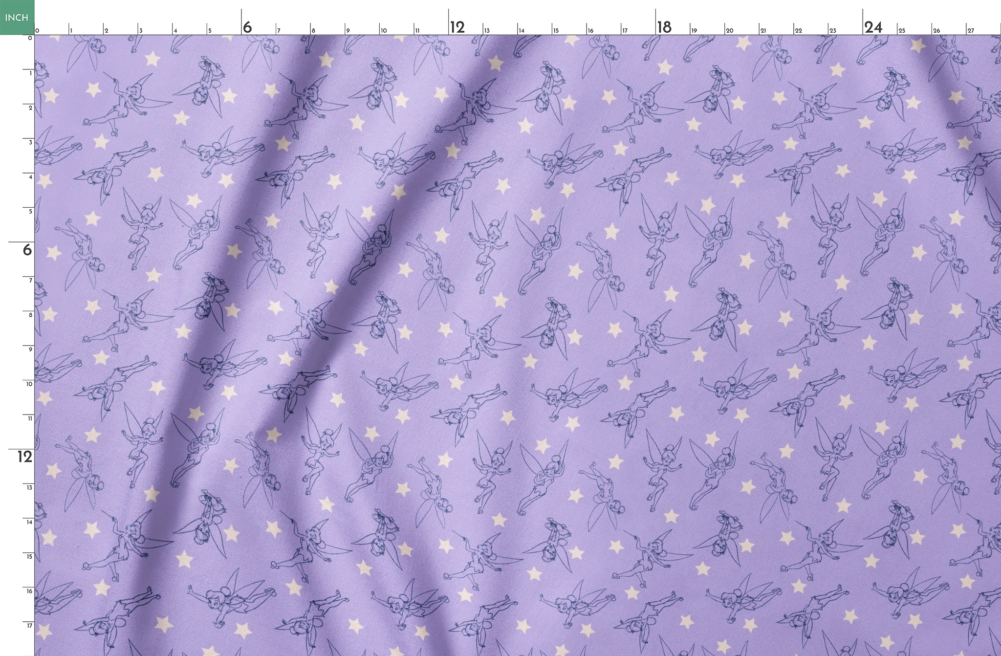 Tinker Bell dancing across a lavender purple background with white stars springs fatquarter mockup