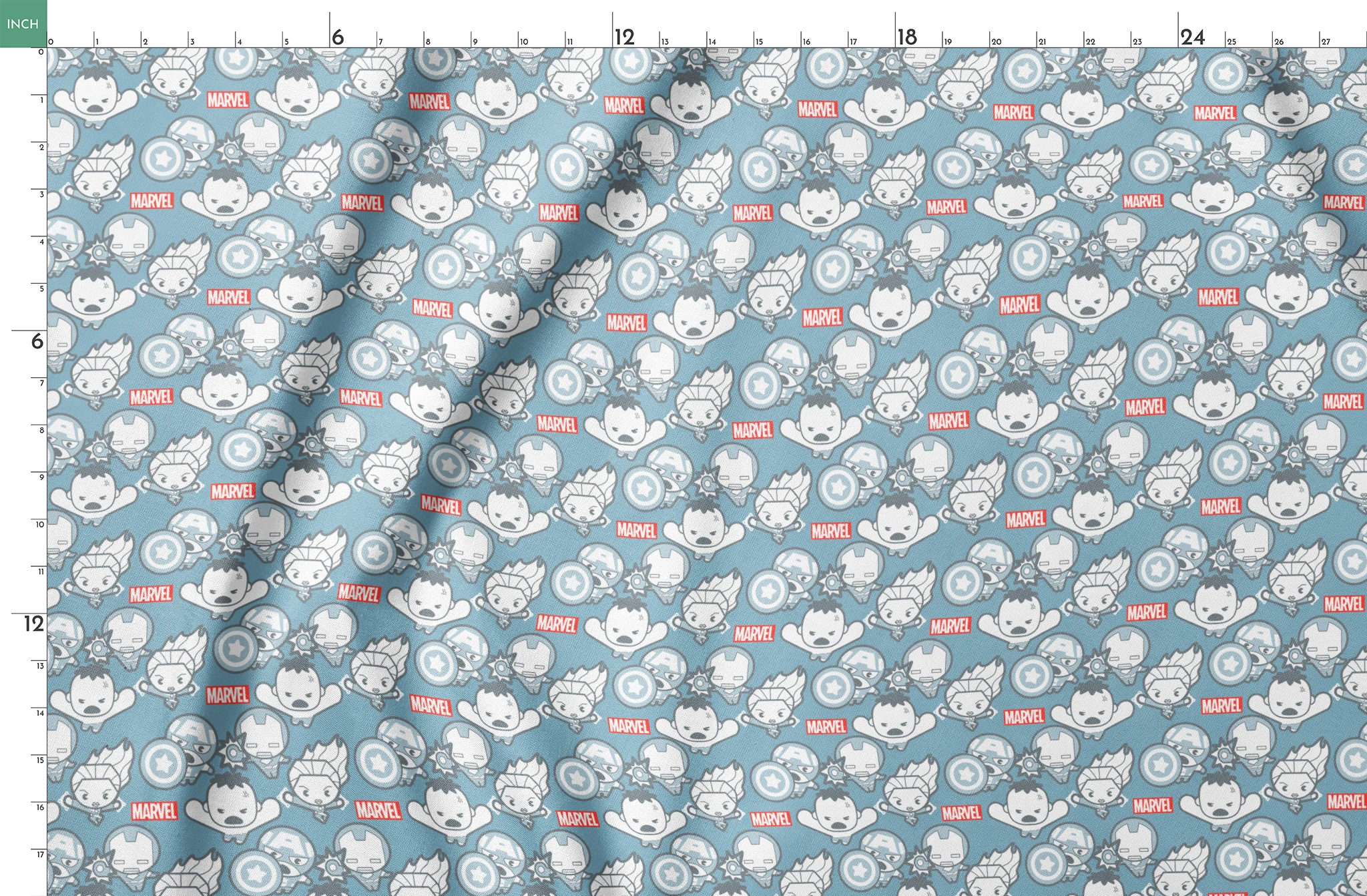 Marvel kawaii superhero pattern with cartoon characters, shields, and gear symbols on blue background springs fatquarter mockup