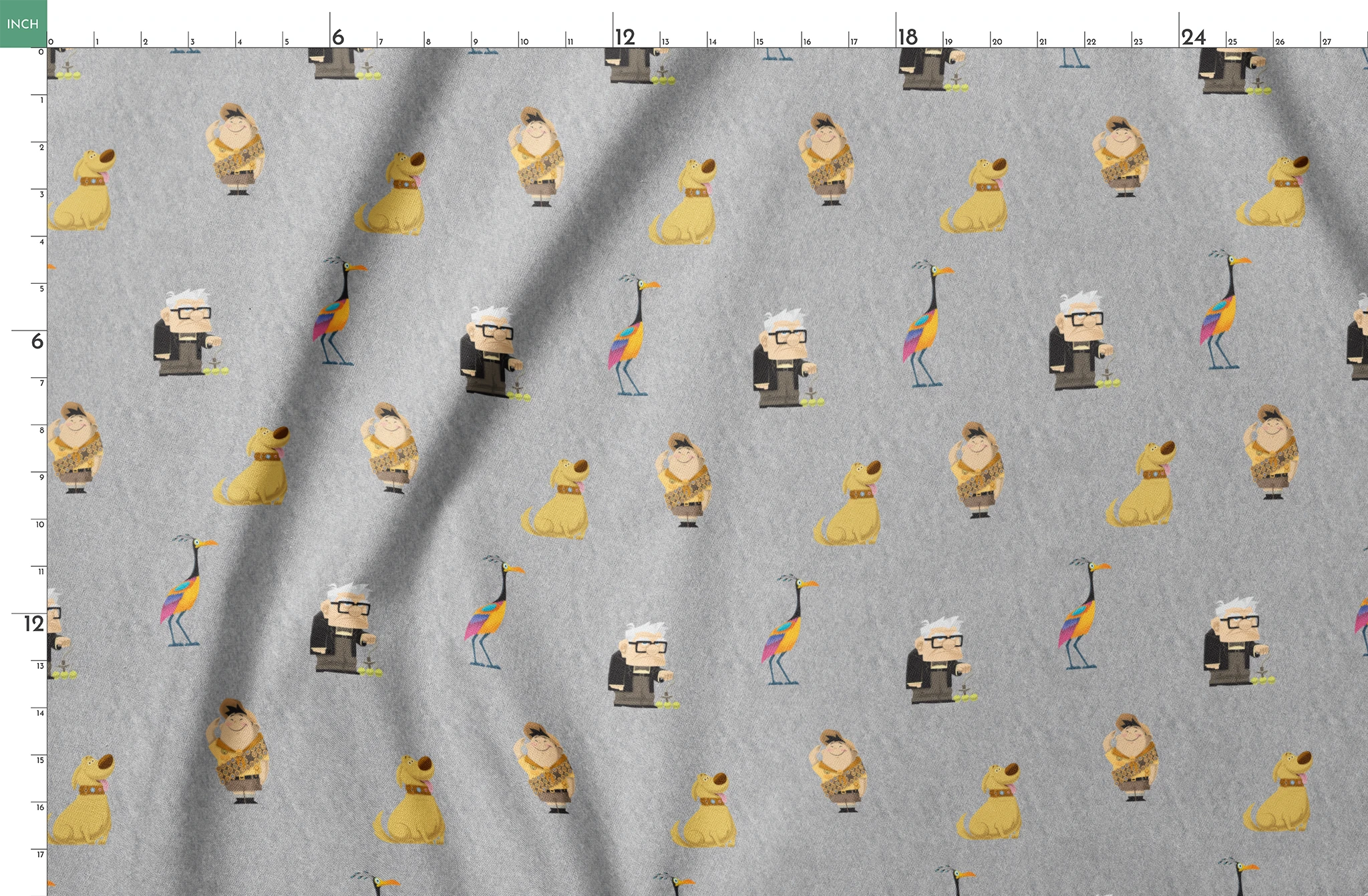 Up pattern with wilderness explorer characters, yellow birds, and colorful details on gray background springs fatquarter mockup