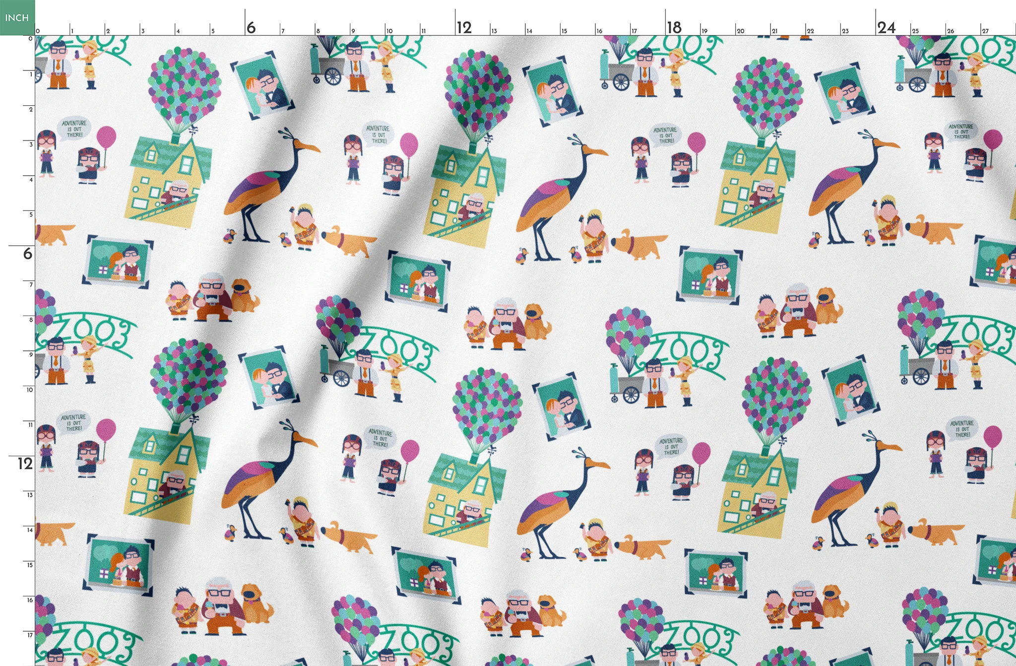Colorful illustrated Up-inspired zoo pattern with cartoon characters, houses with balloons, peacocks, and family portraits on white background. springs fatquarter mockup