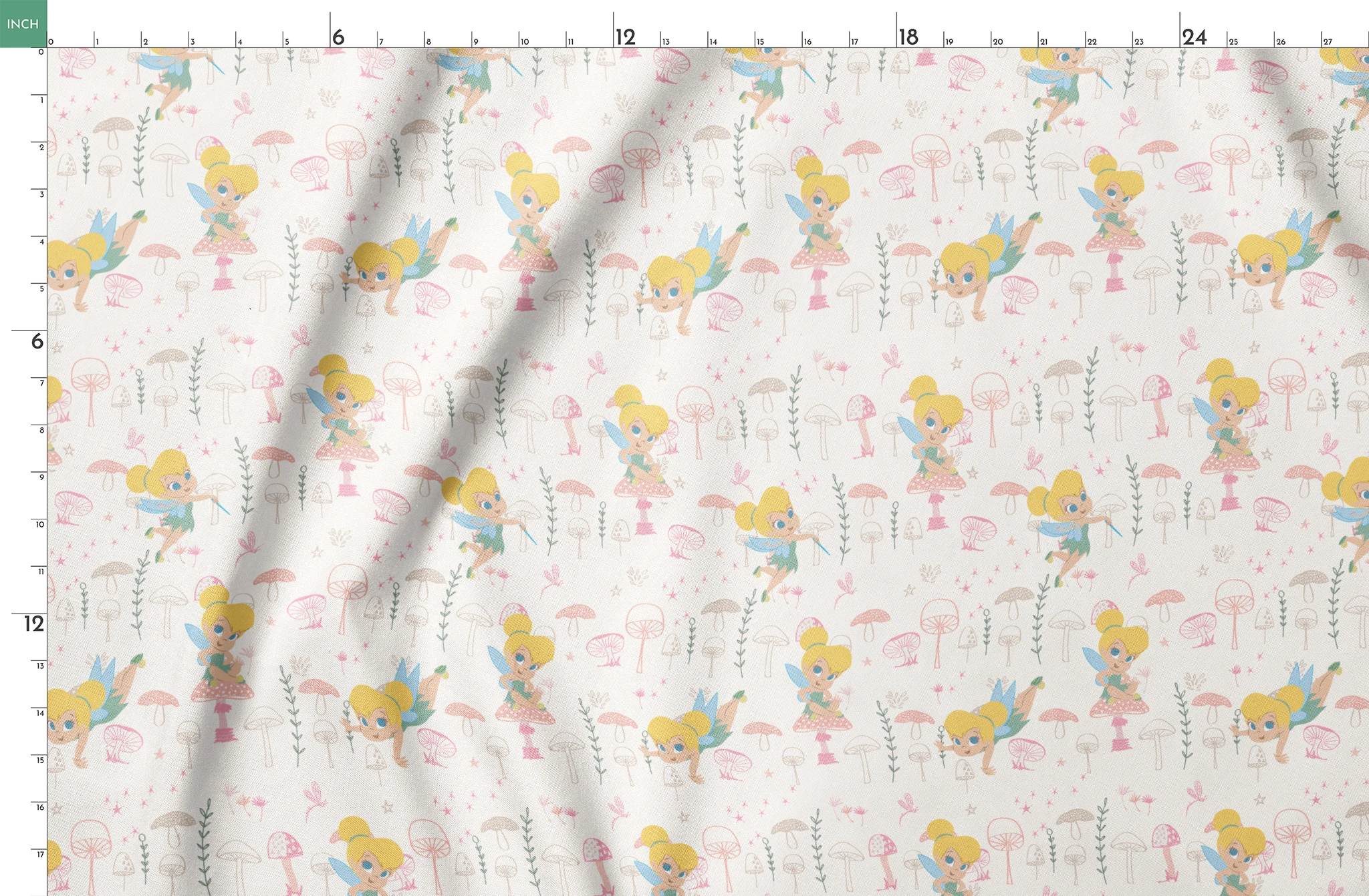 Whimsical pattern with cartoon fairy characters and pink mushrooms against a cream background springs fatquarter mockup