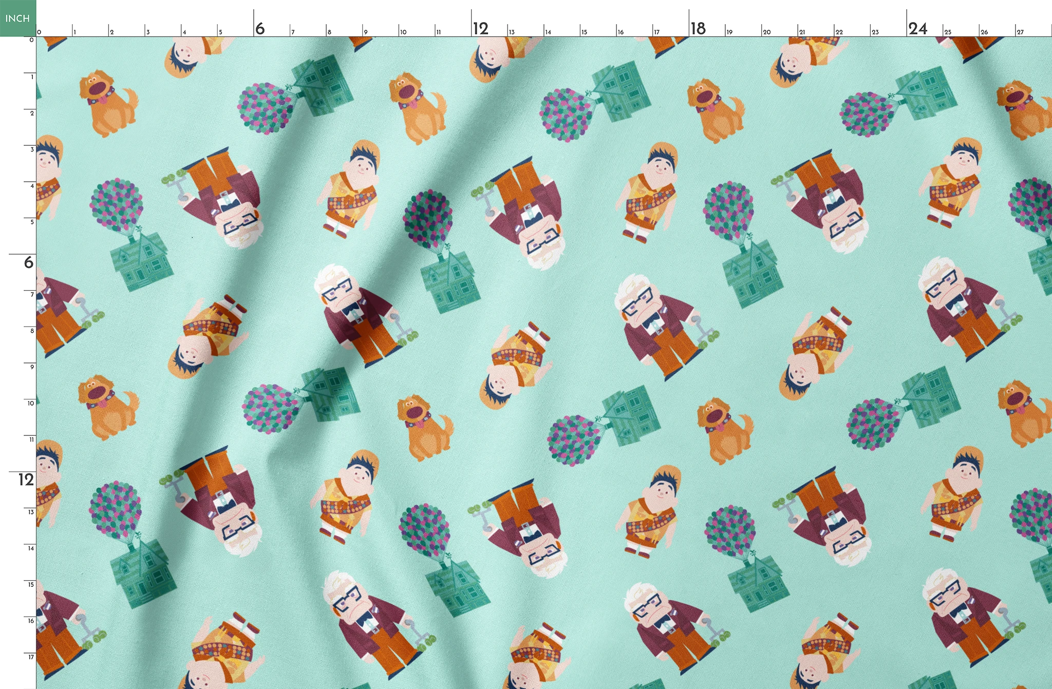 Cartoon pattern on mint background featuring characters from Pixar's "Up" with balloons, houses, and colorful elements springs fatquarter mockup