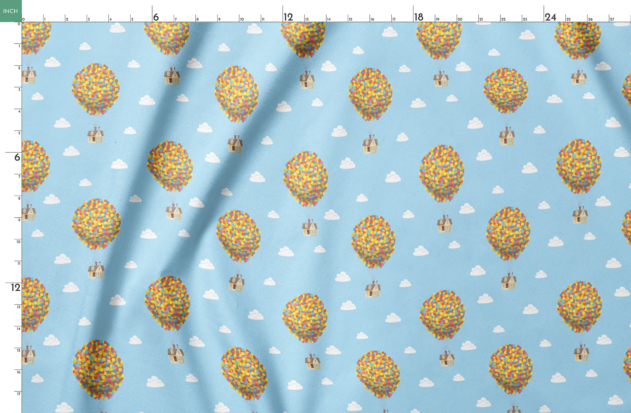 Repeating Up pattern of houses lifted by colorful balloon clusters against a light blue sky with white clouds springs fatquarter mockup