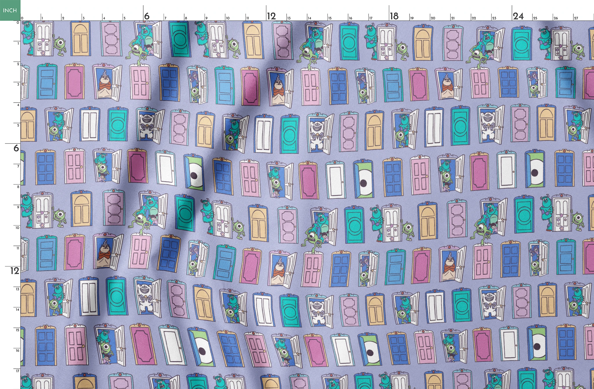 Colorful pattern of cartoon monster characters peeking through various doors in purple, blue, pink, and green on a lavender background. springs fatquarter mockup