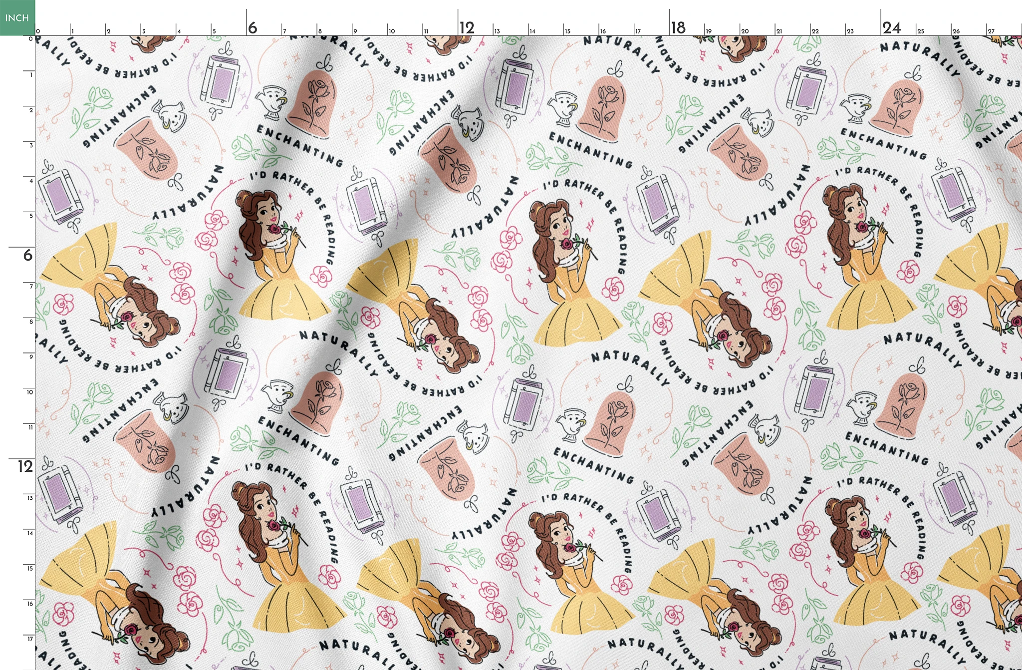 Pattern of cartoon princess in yellow dress with roses, perfume bottles, and phrases like "Enchanting" and "I'd rather be dreaming springs fatquarter mockup