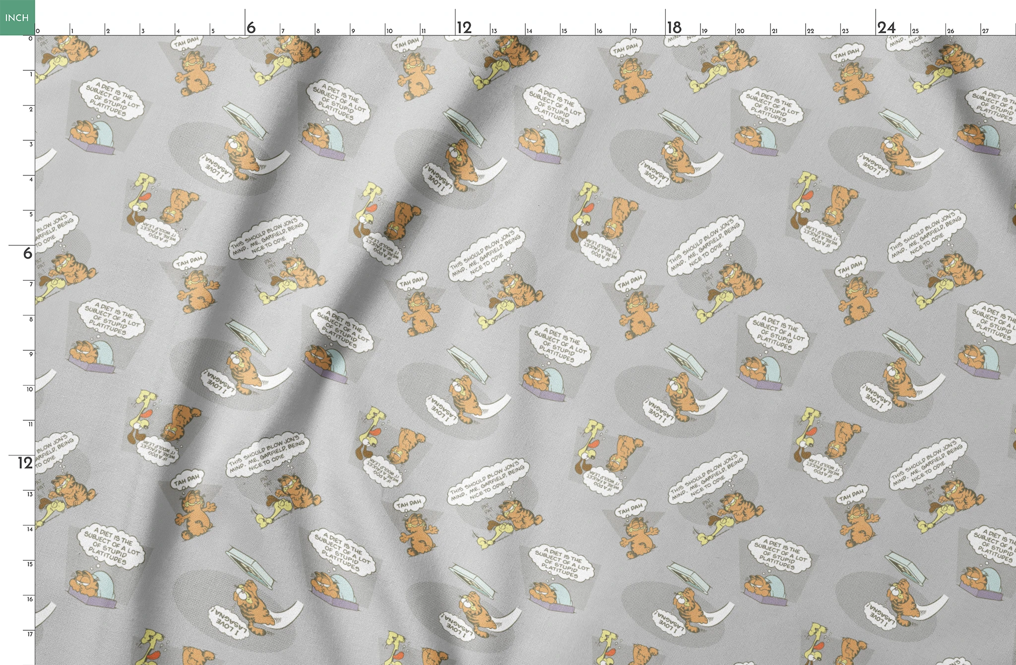 Cartoon Garfield pattern with various poses of the orange cat and speech bubbles on gray background springs fatquarter mockup