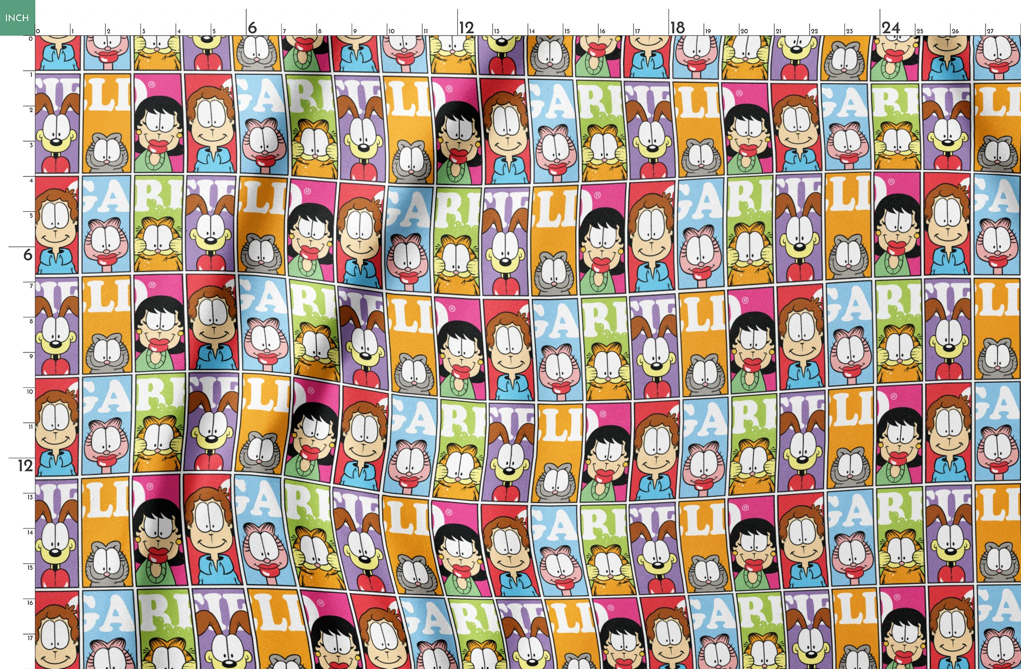 Colorful comic grid pattern with Garfield characters and letters arranged in repeating squares springs fatquarter mockup