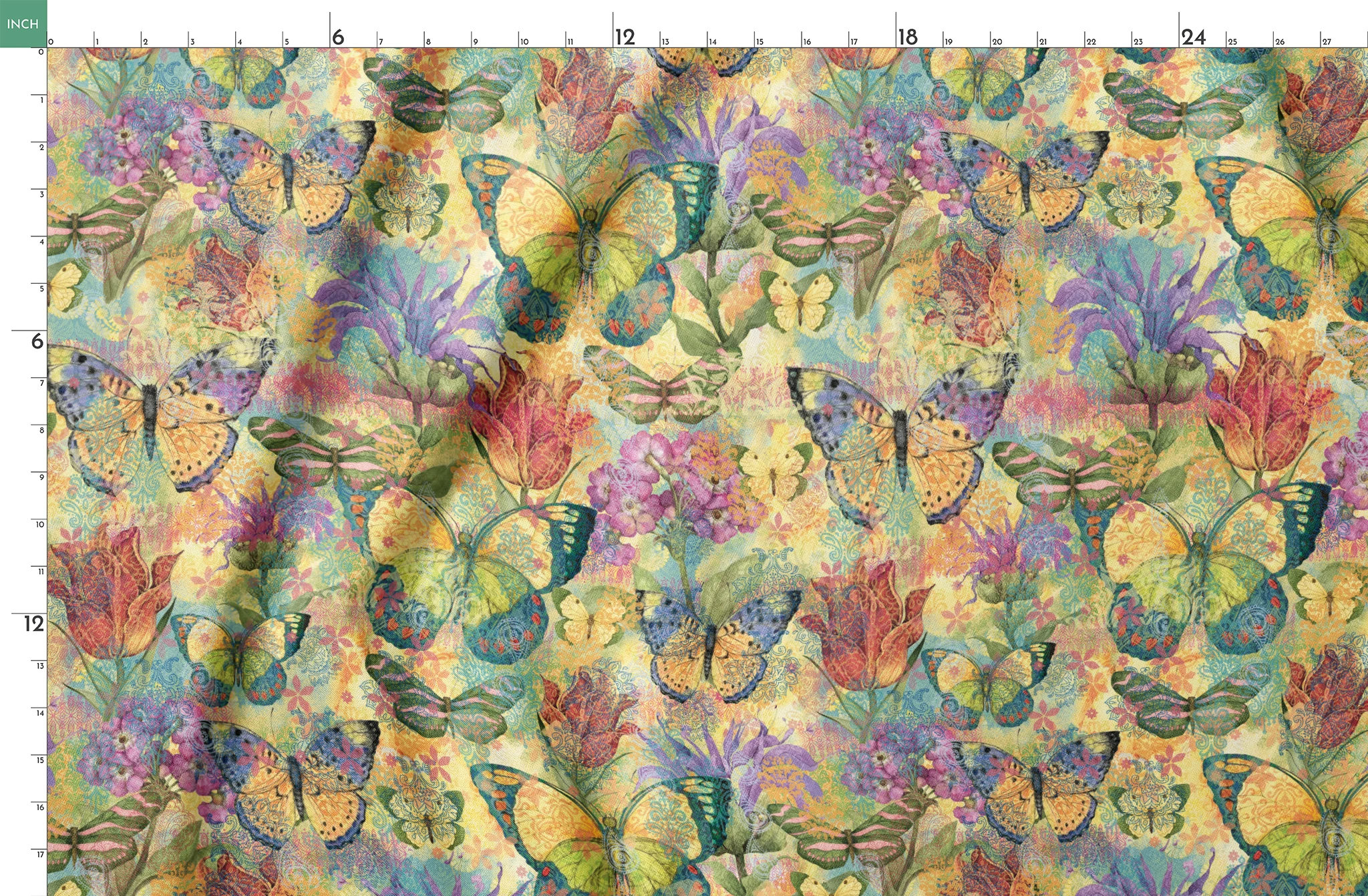 Colorful pattern of butterflies and flowers in vibrant yellows, purples, and reds with watercolor texture springs fatquarter mockup