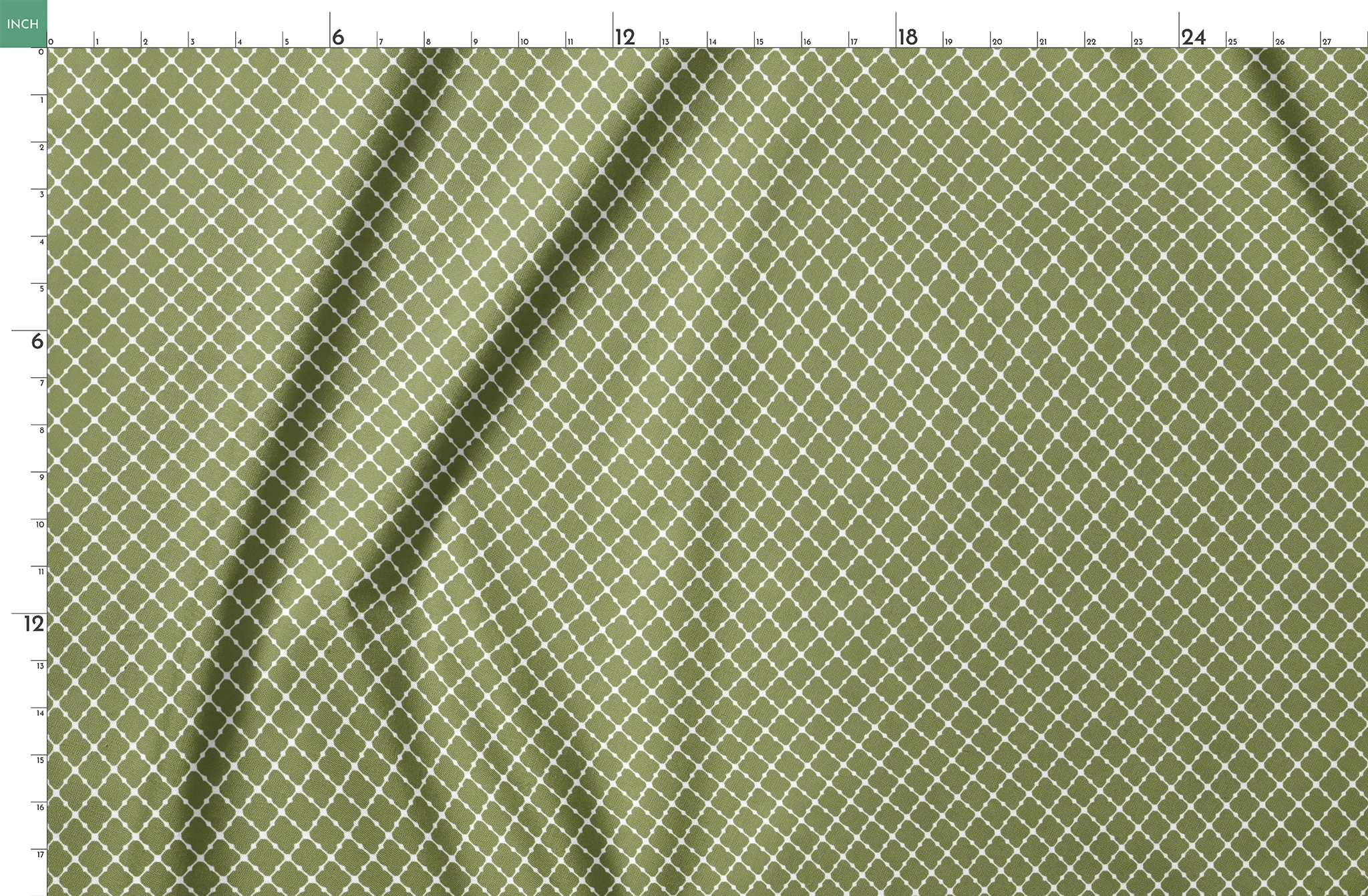Sage green quatrefoil pattern with white lattice lines forming a Moroccan-style geometric design springs fatquarter mockup