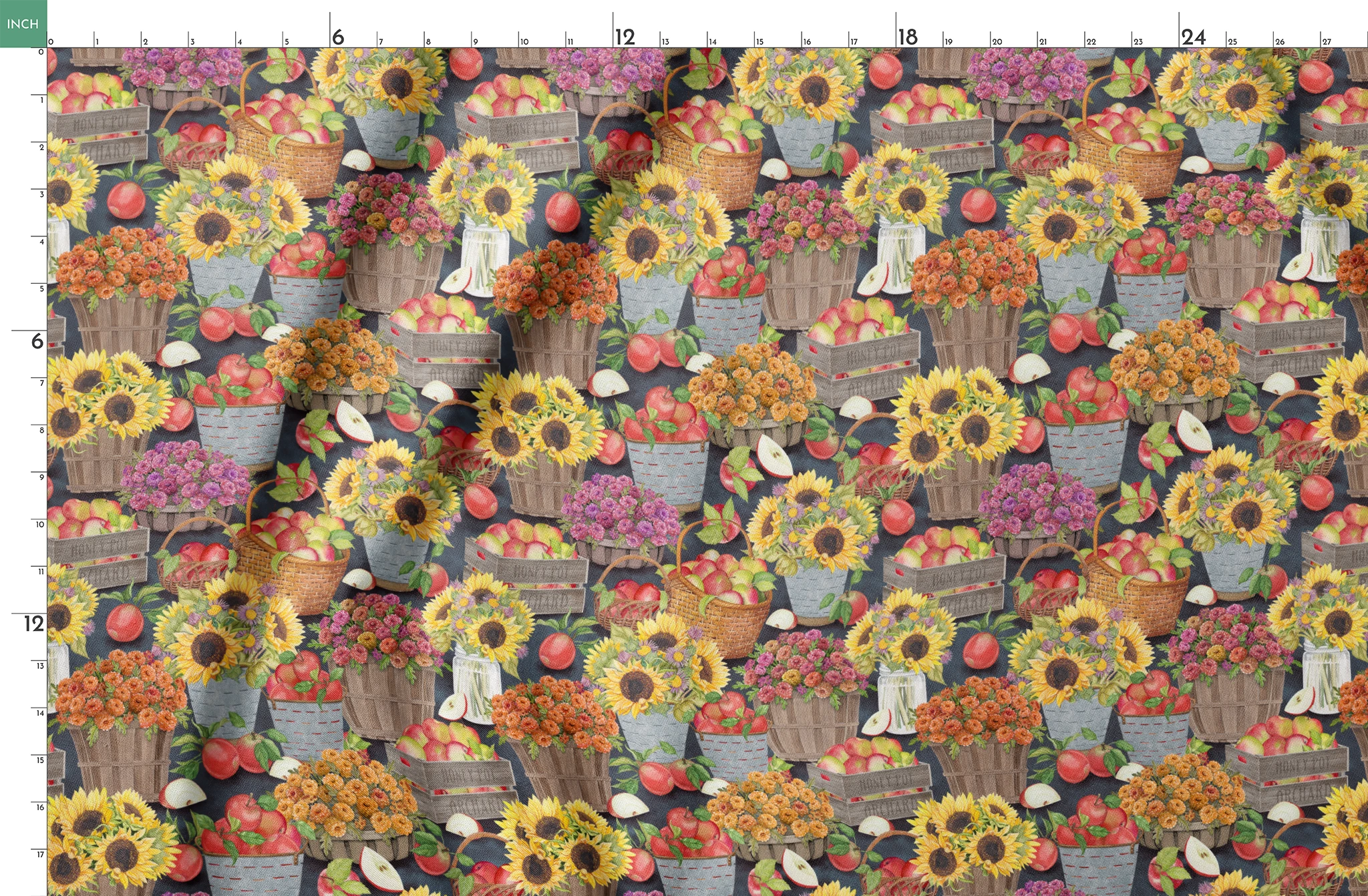 Baskets filled with sunflowers, mums, and apples in a colorful autumn harvest design by Nicole Tamarin. springs fatquarter mockup