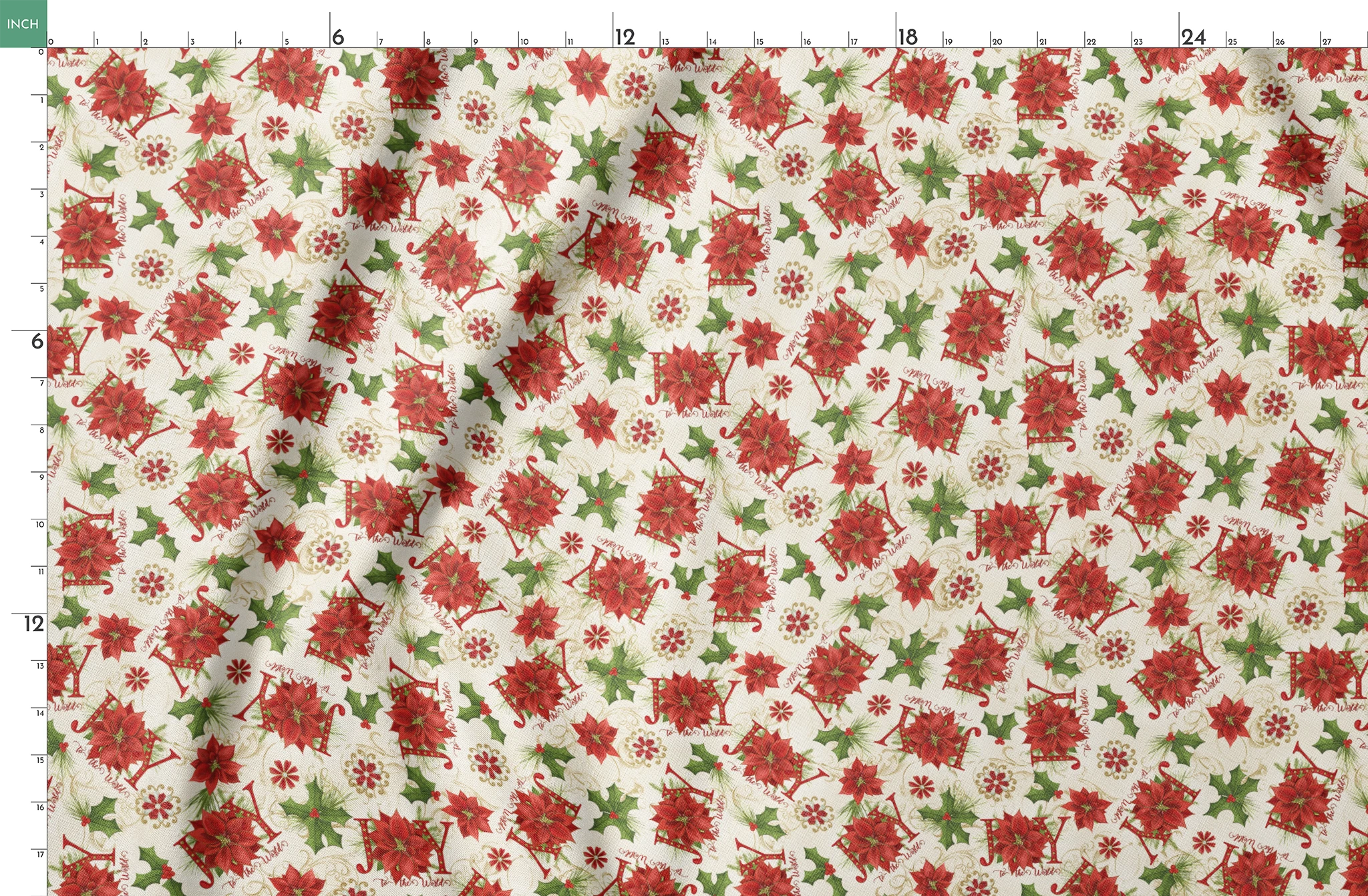 Red poinsettias, holly leaves, pine sprigs, and peppermint candy motifs with scattered “Joy” text in a festive holiday toss design by Nicole Tamarin. springs fatquarter mockup