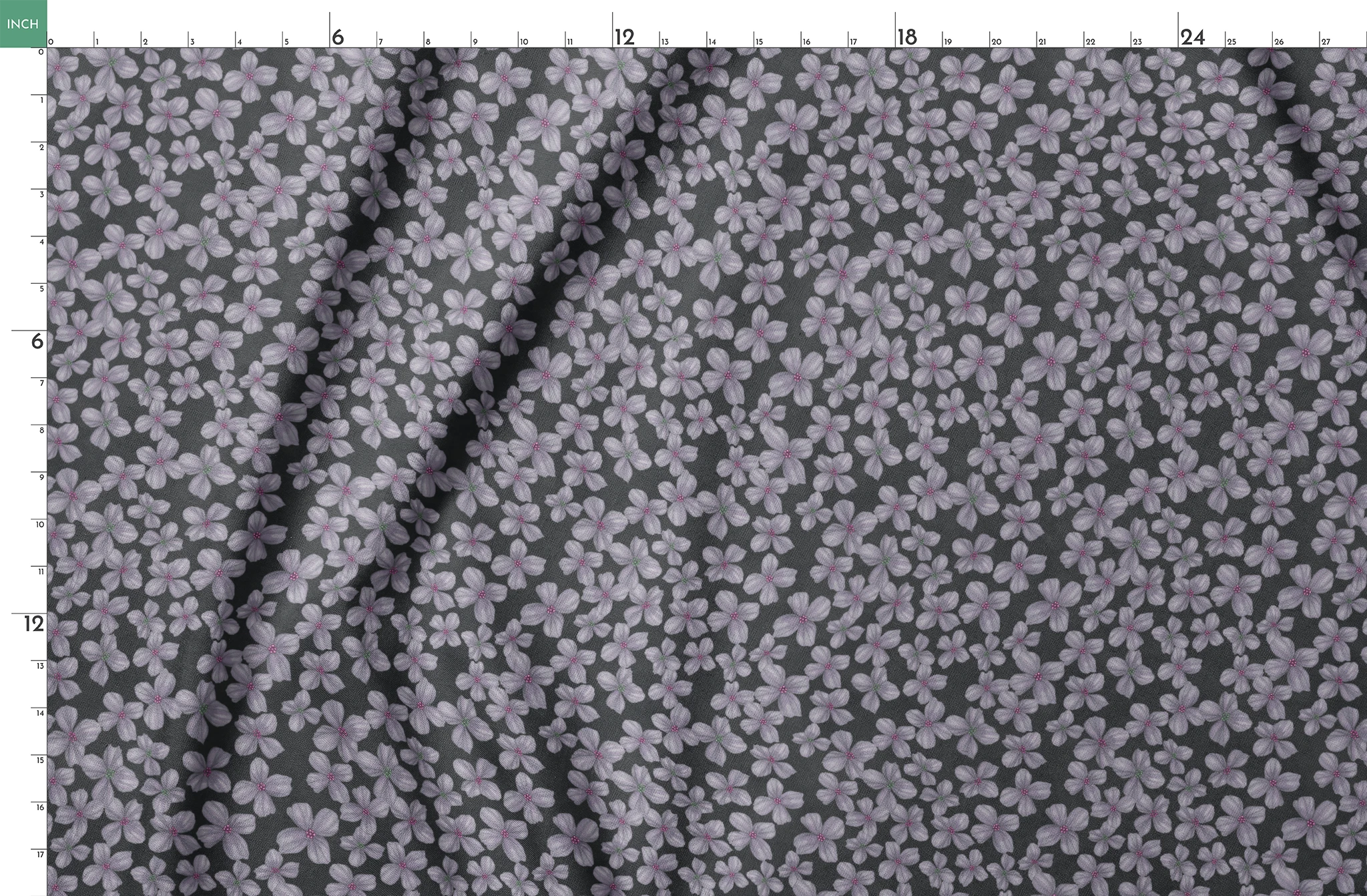 Hand-drawn purple flowers scattered on a charcoal background, designed by Nicole Tamarin. springs fatquarter mockup