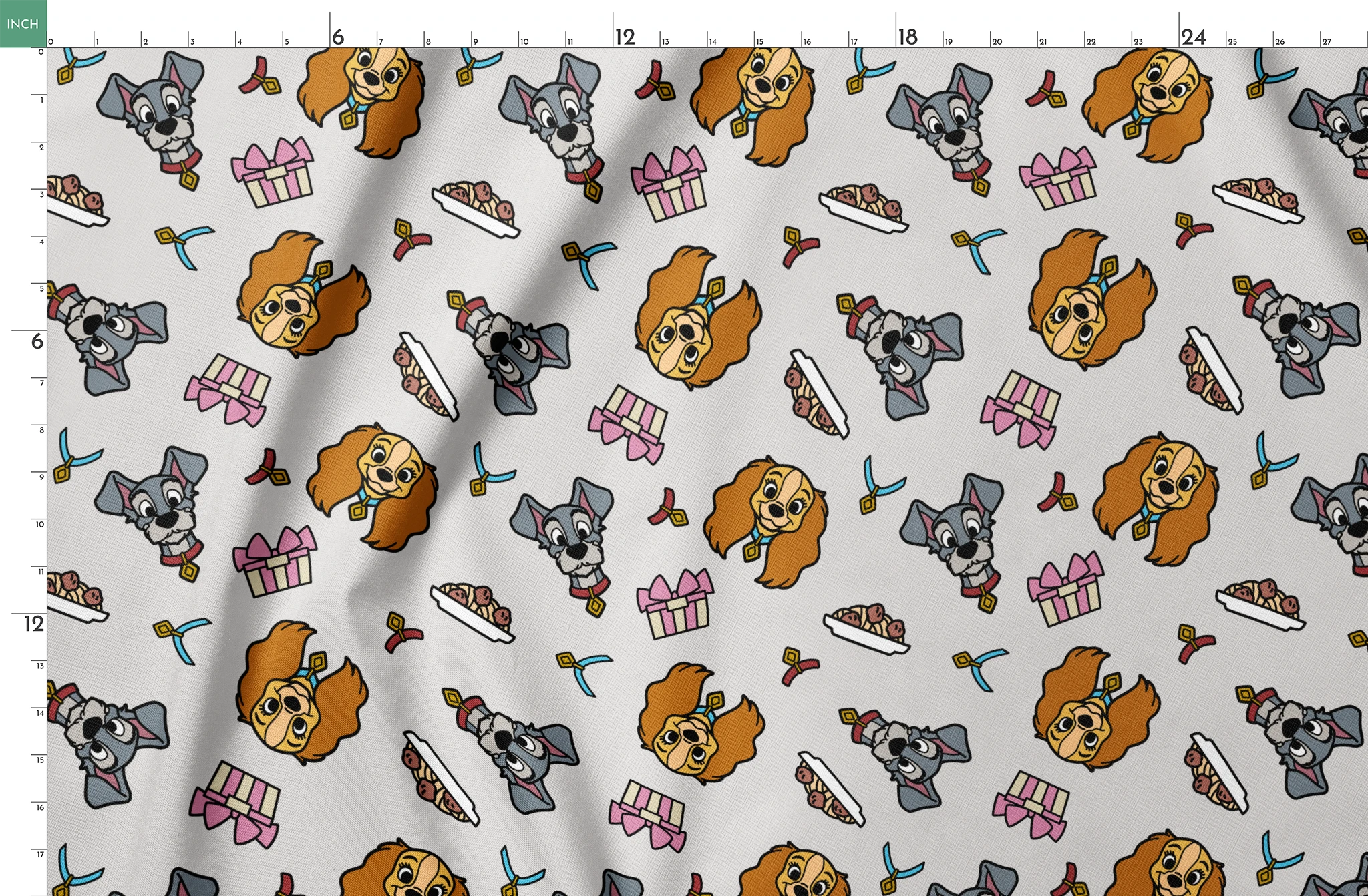 Cartoon pattern featuring Lady and Tramp dogs, gift boxes, bones, and ribbons on light gray background springs fatquarter mockup