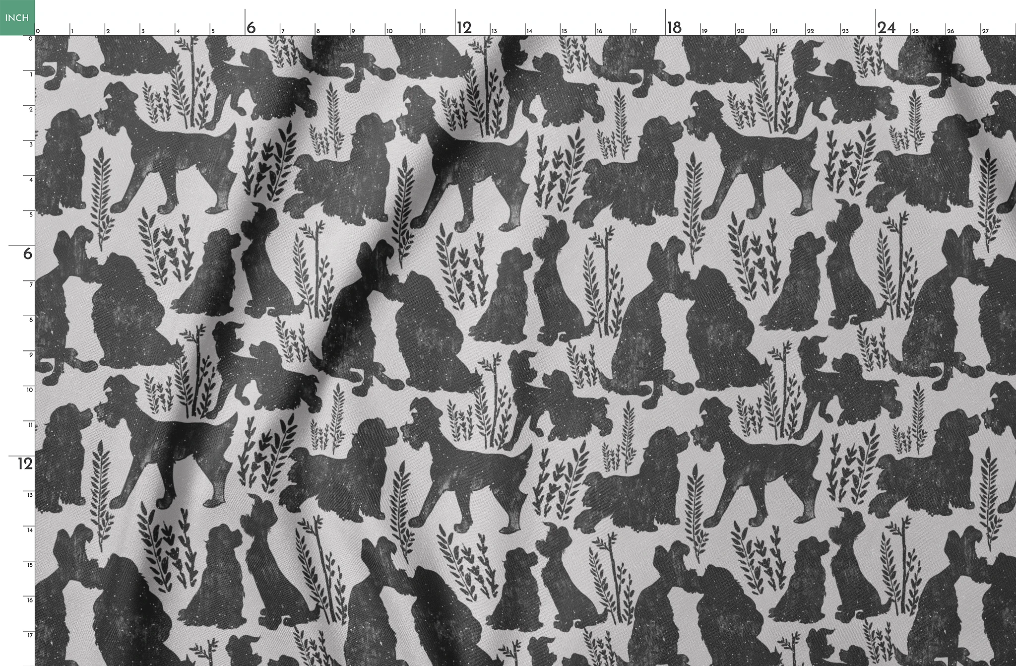 Repeating pattern of black dog silhouettes with decorative plant motifs on a light gray background springs fatquarter mockup
