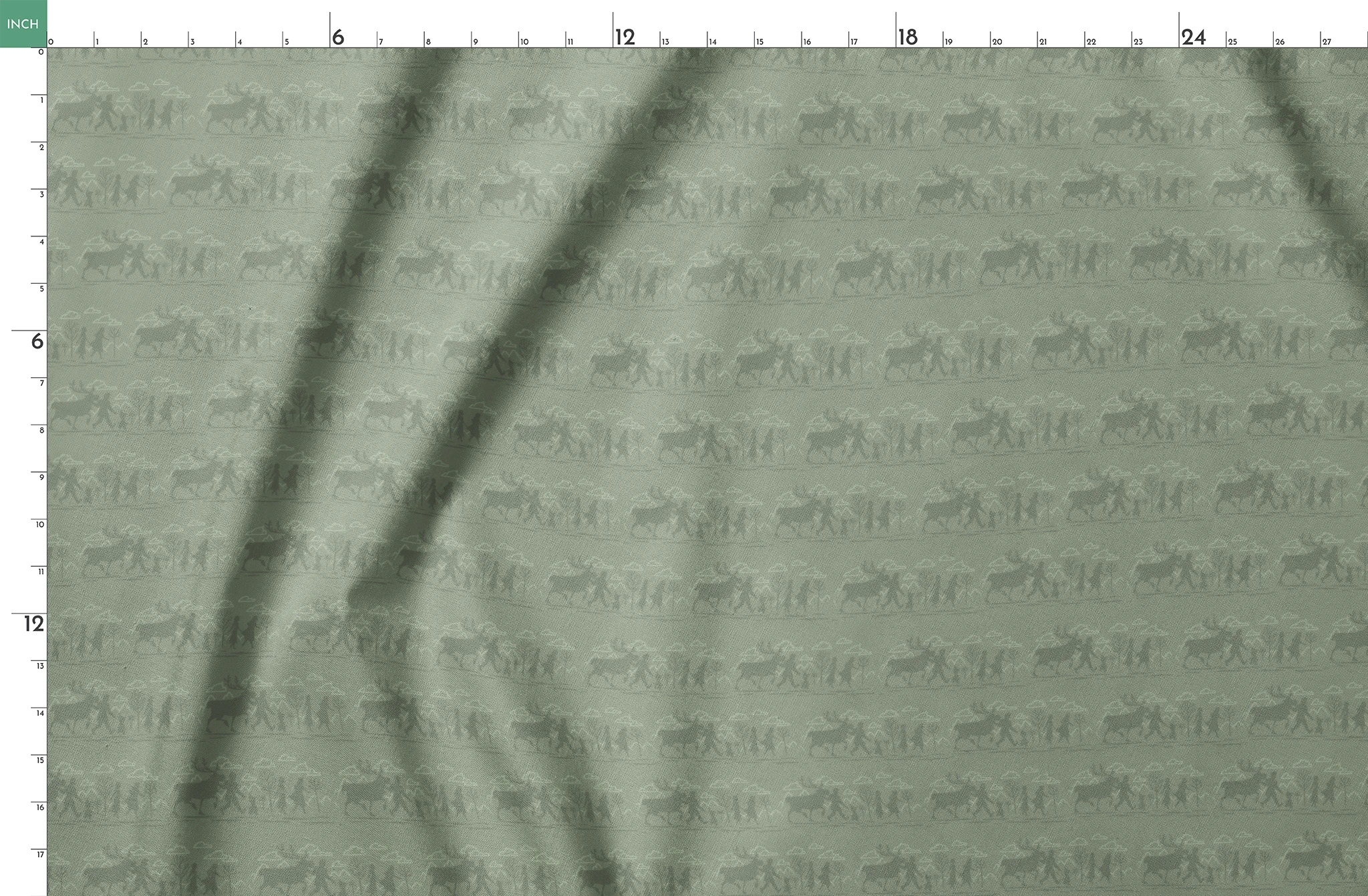 Muted green patterned design with repeating silhouettes of Frozen characters in horizontal bands springs fatquarter mockup