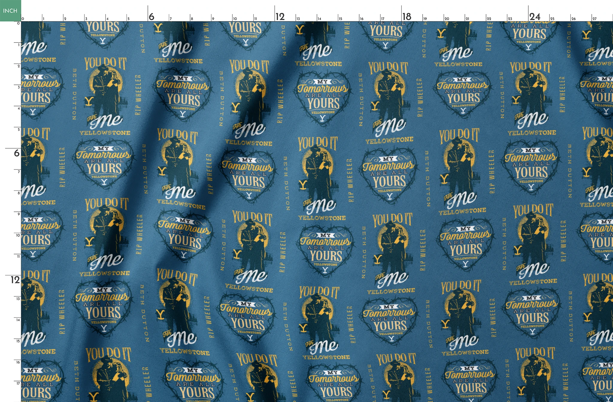 Denim blue fabric with Beth and Rip silhouettes, romantic Yellowstone quotes, and Western-style lettering in mustard and white. springs fatquarter mockup
