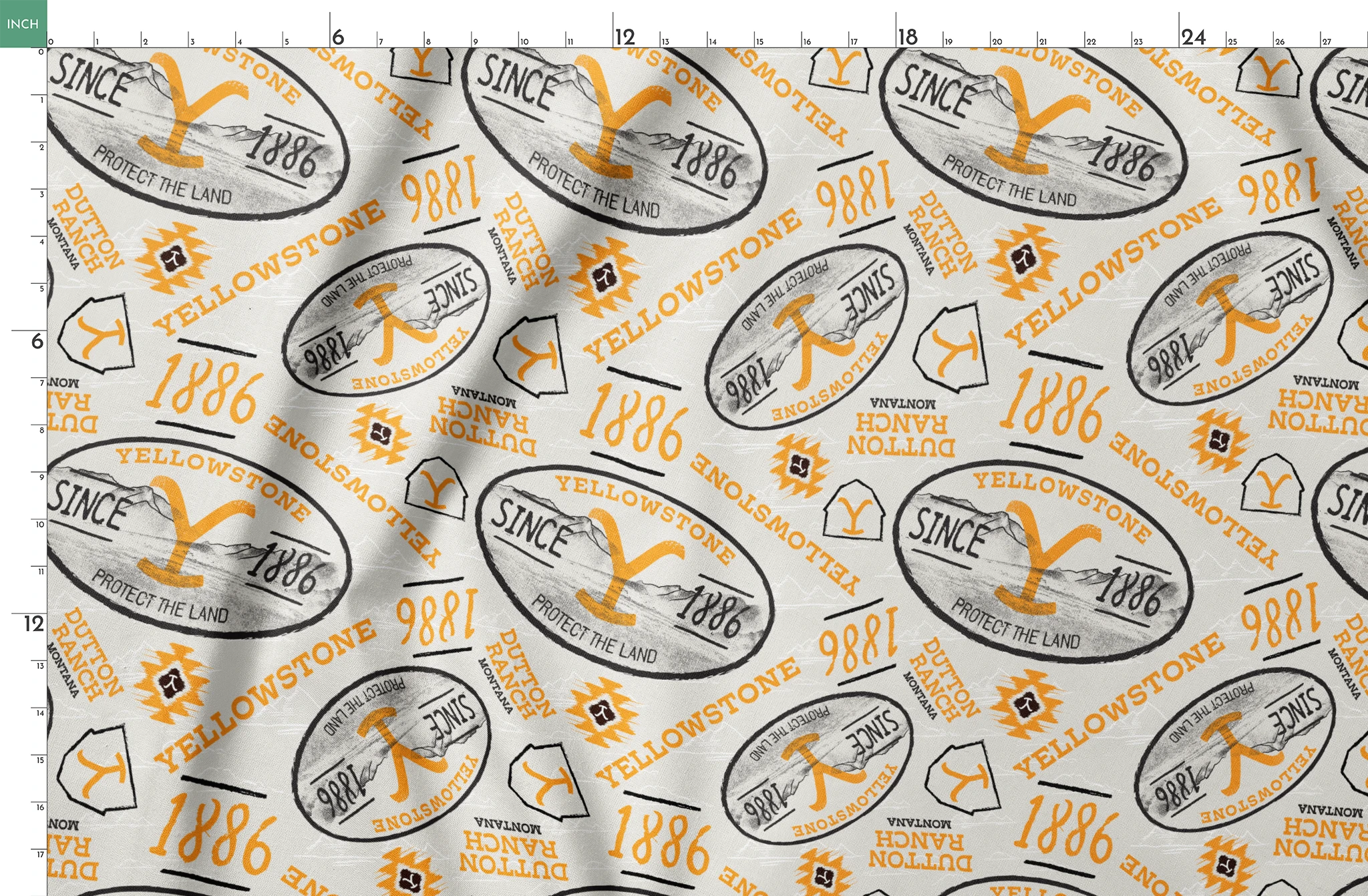 Yellowstone-themed design with black and gold badge graphics, “Protect the Land” text, and Dutton Ranch icons on a cream background. springs fatquarter mockup