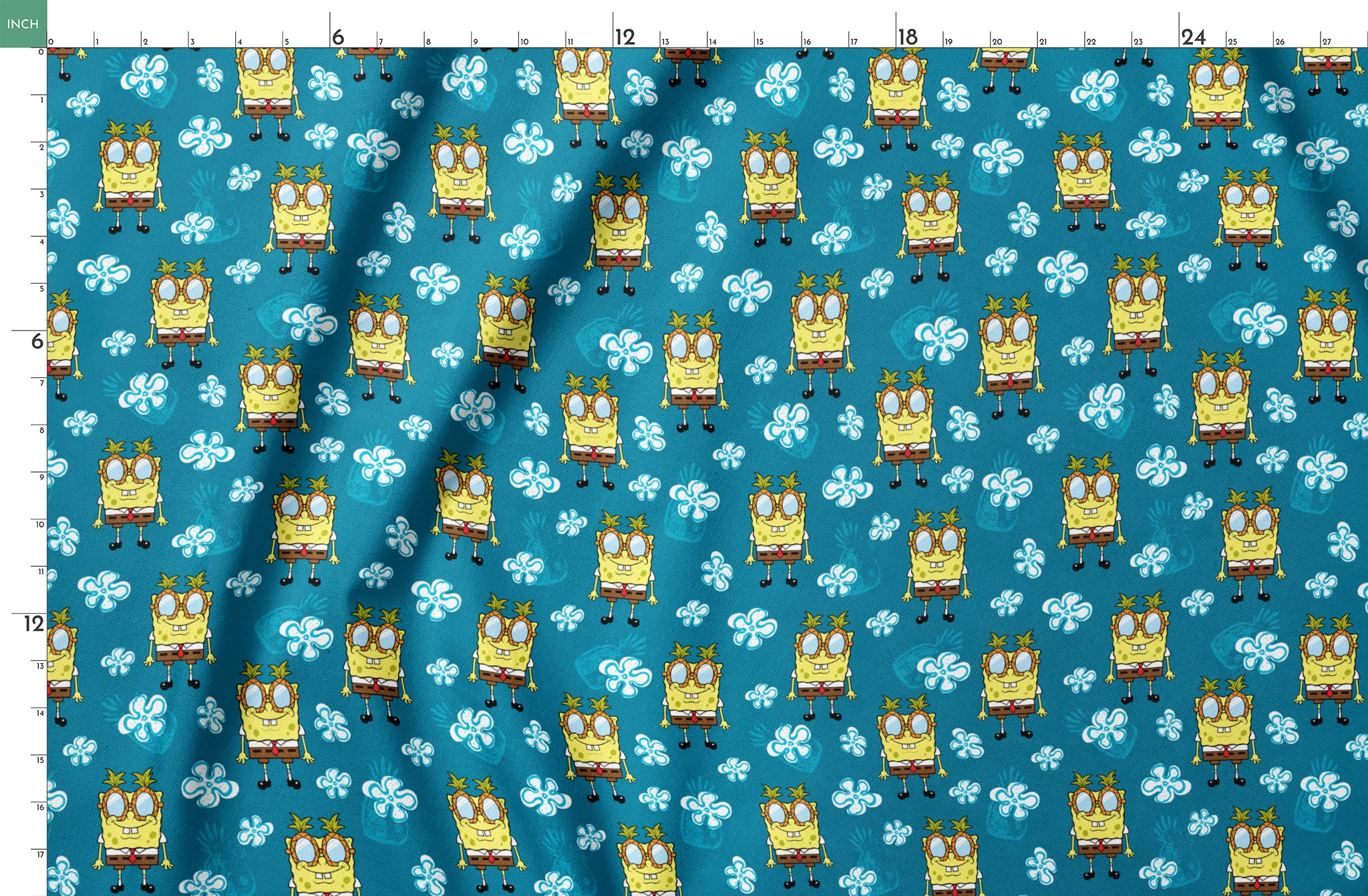 Yellow cartoon character with glasses on teal background with white flower pattern, repeating design springs fatquarter mockup