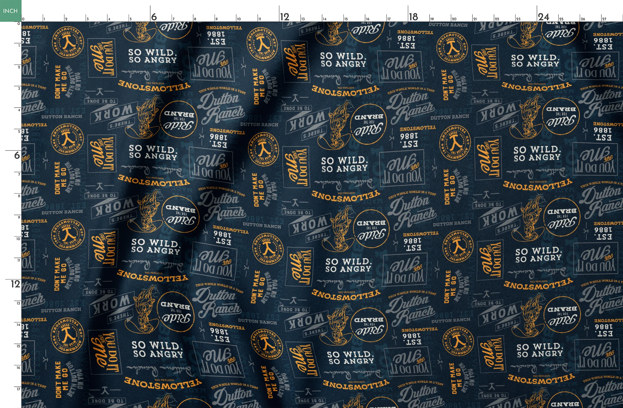 Yellowstone patch design with distressed western typography and quotes in gold and ivory on a black background. springs fatquarter mockup