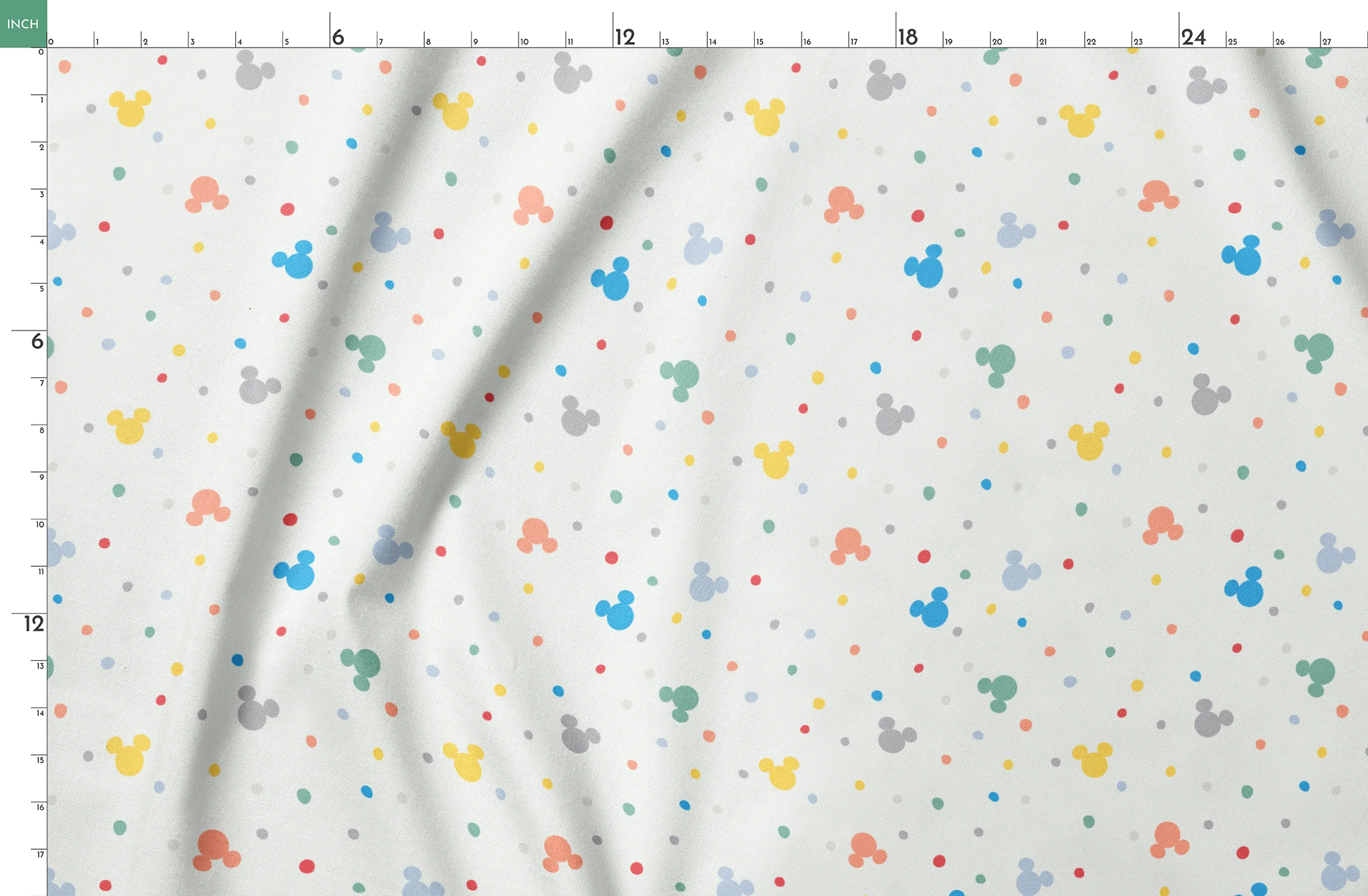 Colorful Disney Mickey Mouse silhouette pattern with pastel dots on white background springs fatquarter mockup