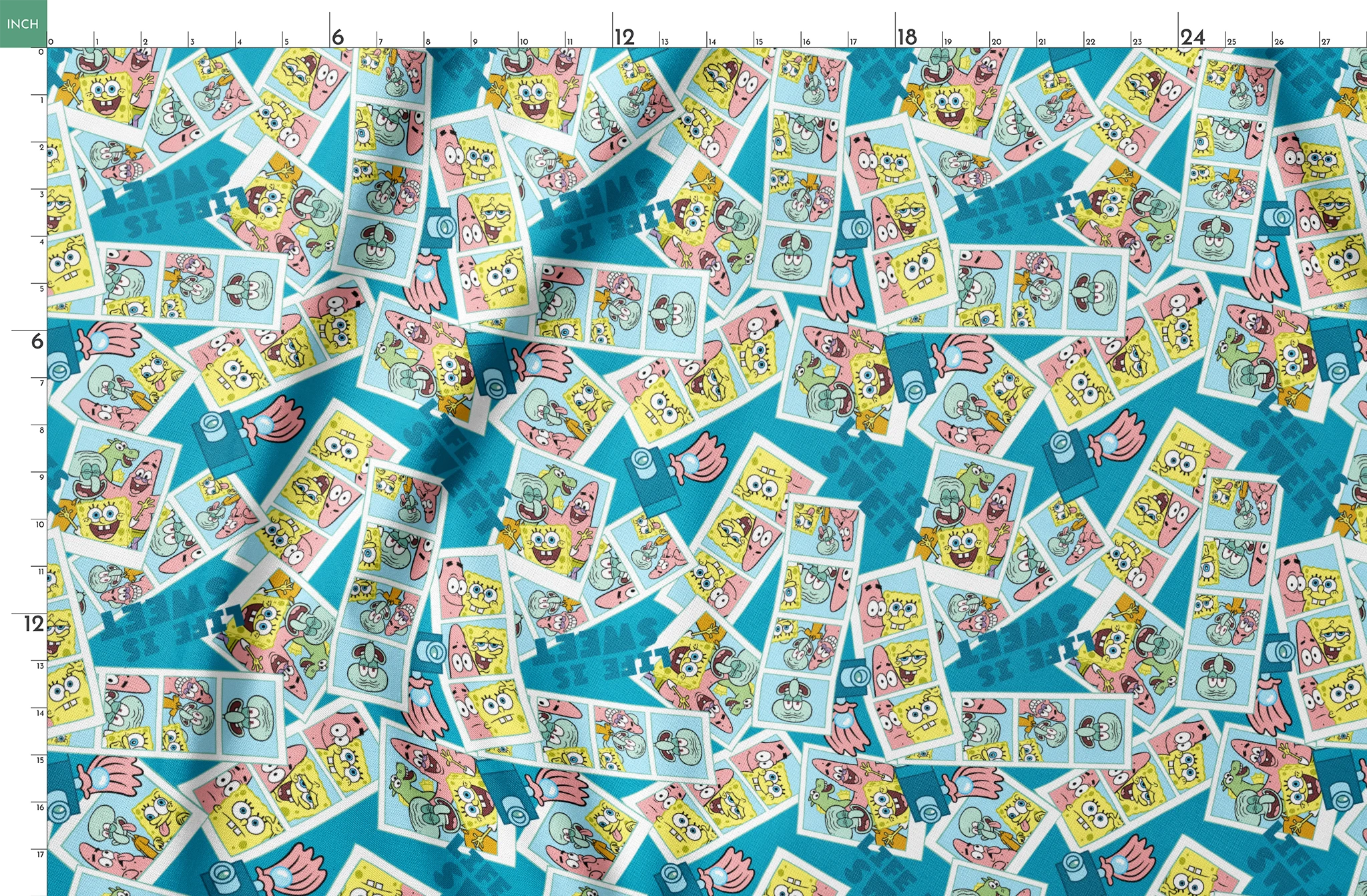Photobooth-style SpongeBob SquarePants design featuring cartoon snapshots of SpongeBob, Patrick, and Squidward with “Life is Sweet” text on a blue background. springs fatquarter mockup