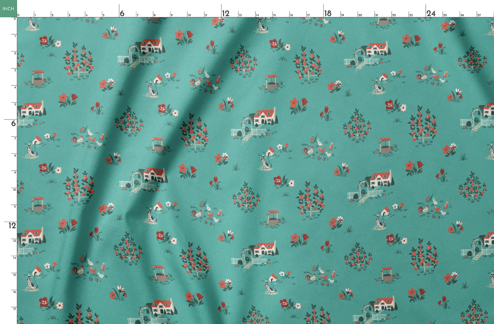 Teal background fabric with vintage cottages, flowers, chickens, and wells in a scattered countryside layout. springs fatquarter mockup