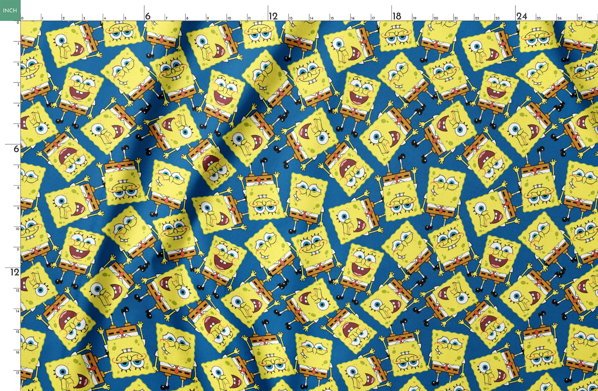 SpongeBob SquarePants pattern featuring various expressions on blue background springs fatquarter mockup