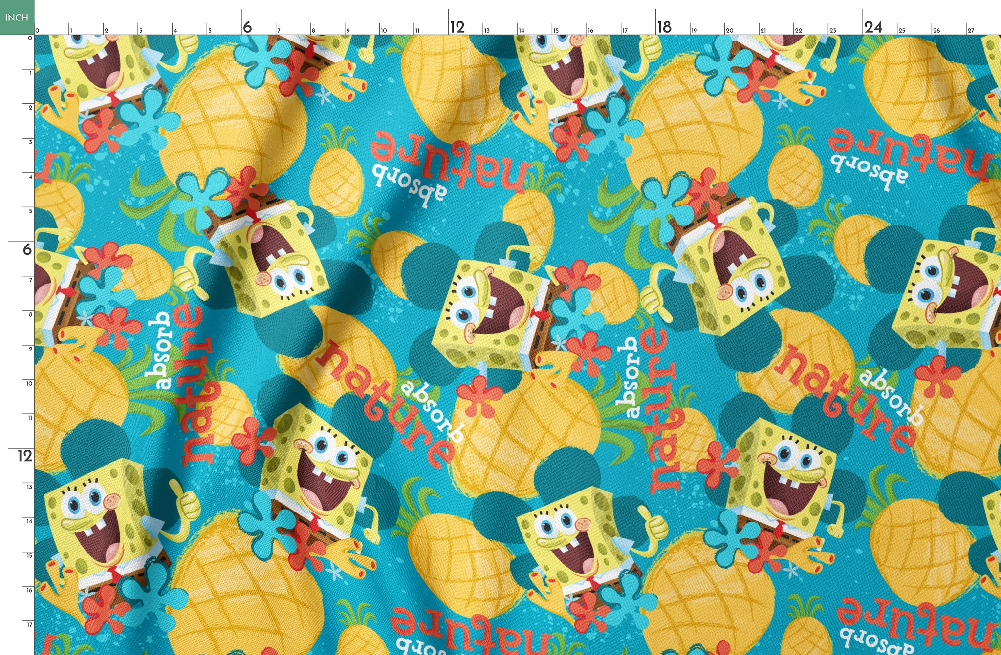 SpongeBob SquarePants pattern with pineapples and flowers on teal background springs fatquarter mockup