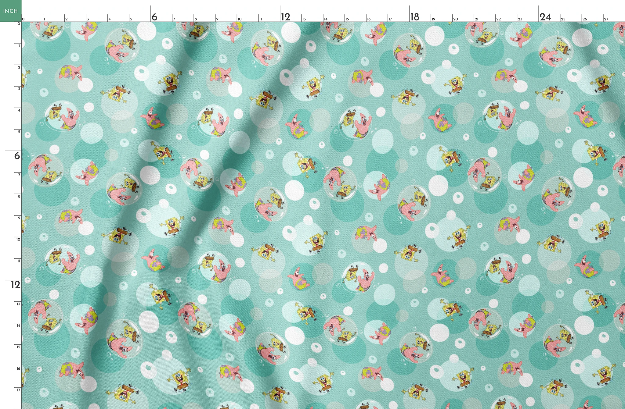 SpongeBob and Patrick floating in transparent bubbles across a seafoam green background with layered circle accents. springs fatquarter mockup