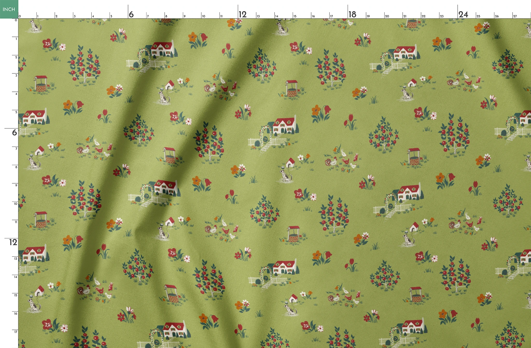 Scenic cottage garden design with vintage houses, flowers, and animals on olive green springs fatquarter mockup