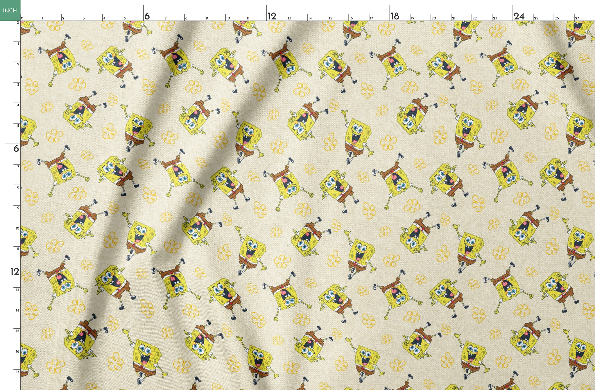 Repeating pattern of SpongeBob SquarePants characters on light yellow background with yellow flowers springs fatquarter mockup