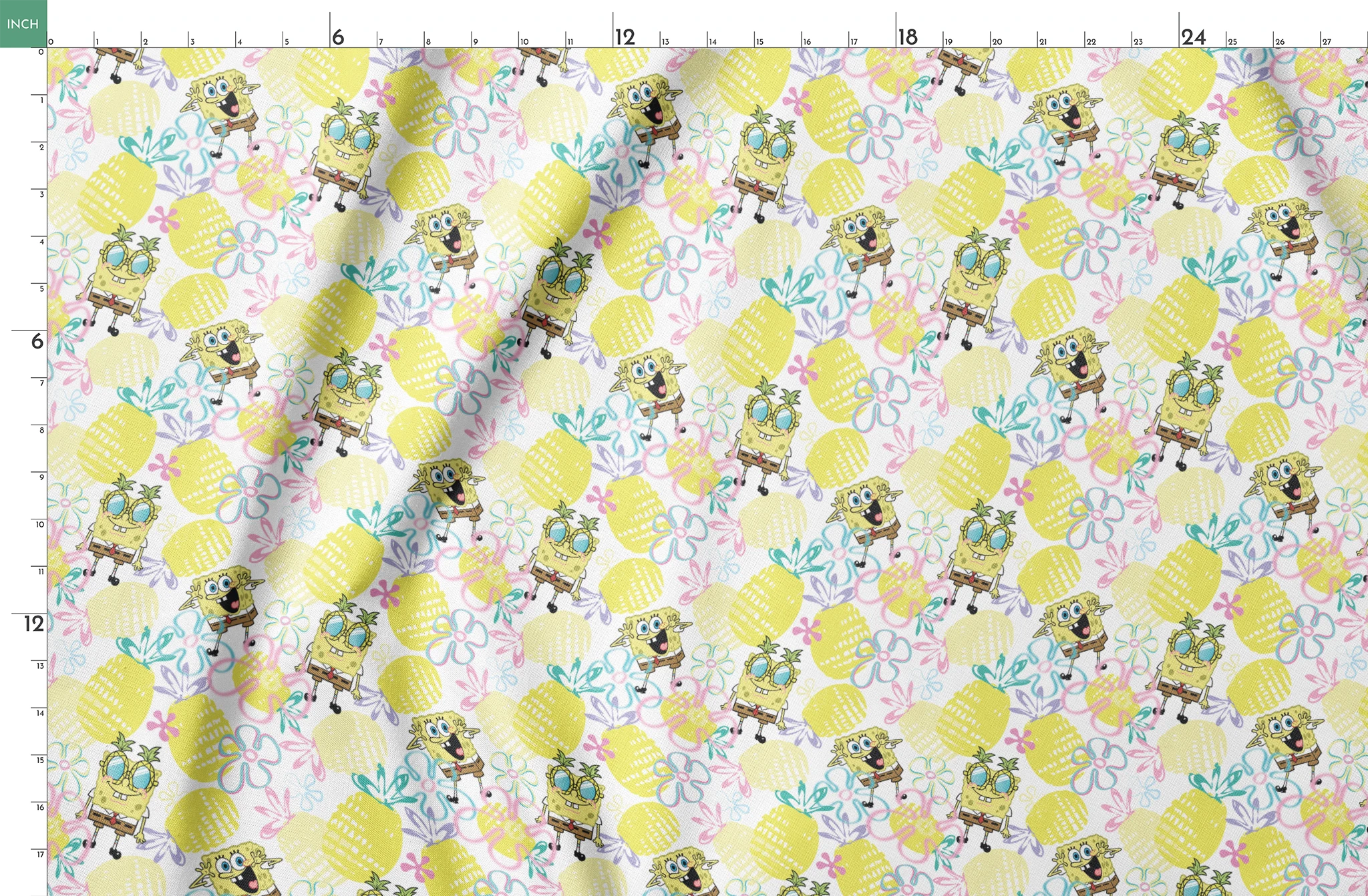 SpongeBob wearing pineapple glasses surrounded by yellow pineapples and pastel floral sketches on a white background in a playful Nickelodeon design. springs fatquarter mockup
