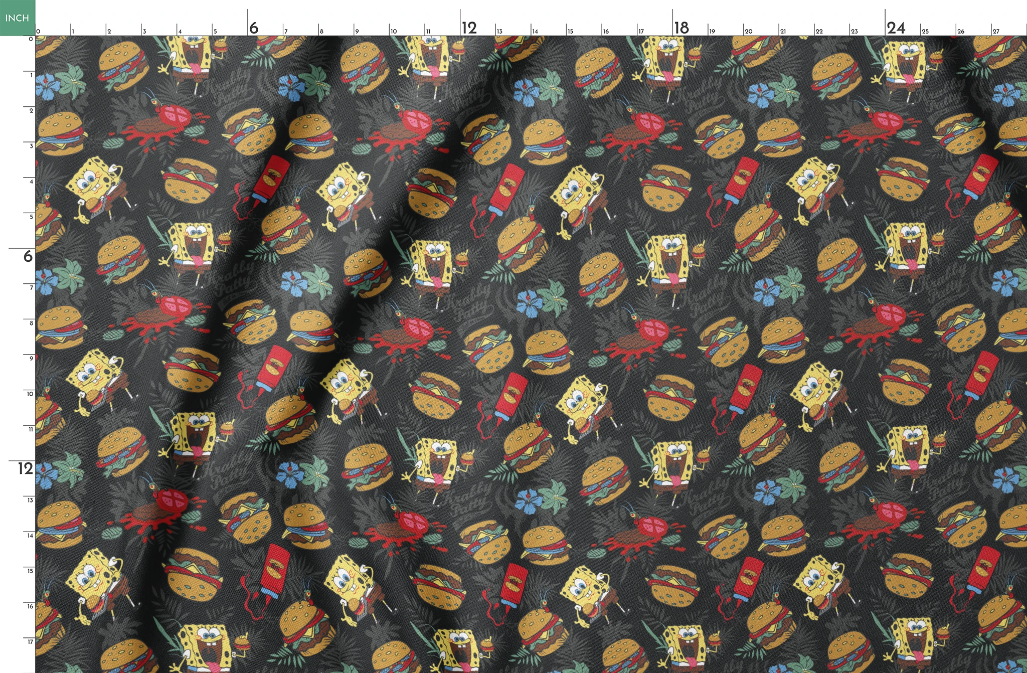 SpongeBob, Plankton, and Krabby Patties with tropical leaves and flowers on a black background in a bold character-themed design. springs fatquarter mockup