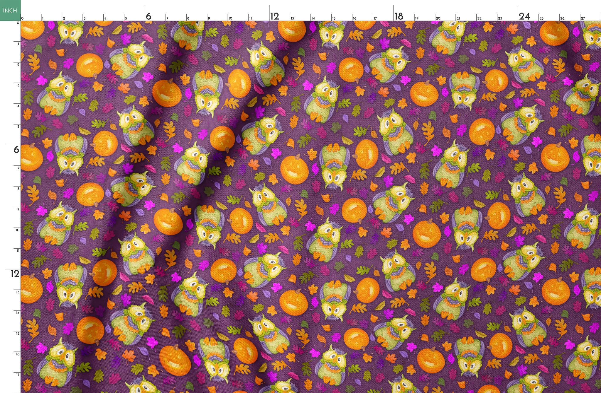 Halloween fabric by Nicole Tamarin featuring cartoon owls in costume, jack-o’-lanterns, and colorful fall leaves on a purple background. springs fatquarter mockup