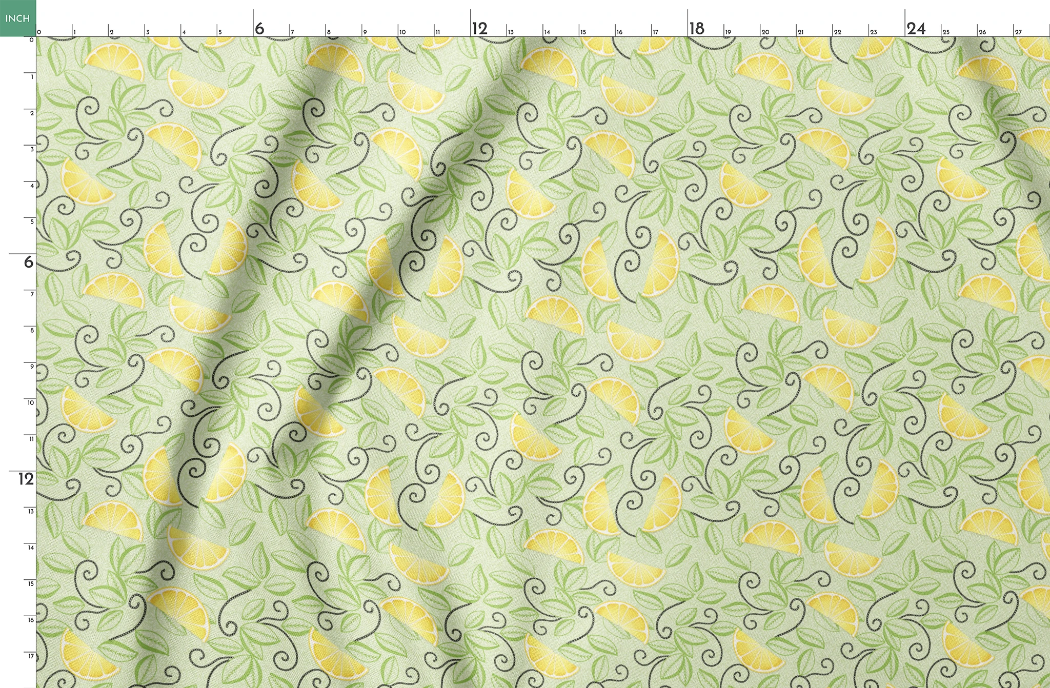 Yellow lemon slices with swirling green leaves on a soft green background in a playful, fresh layout. springs fatquarter mockup