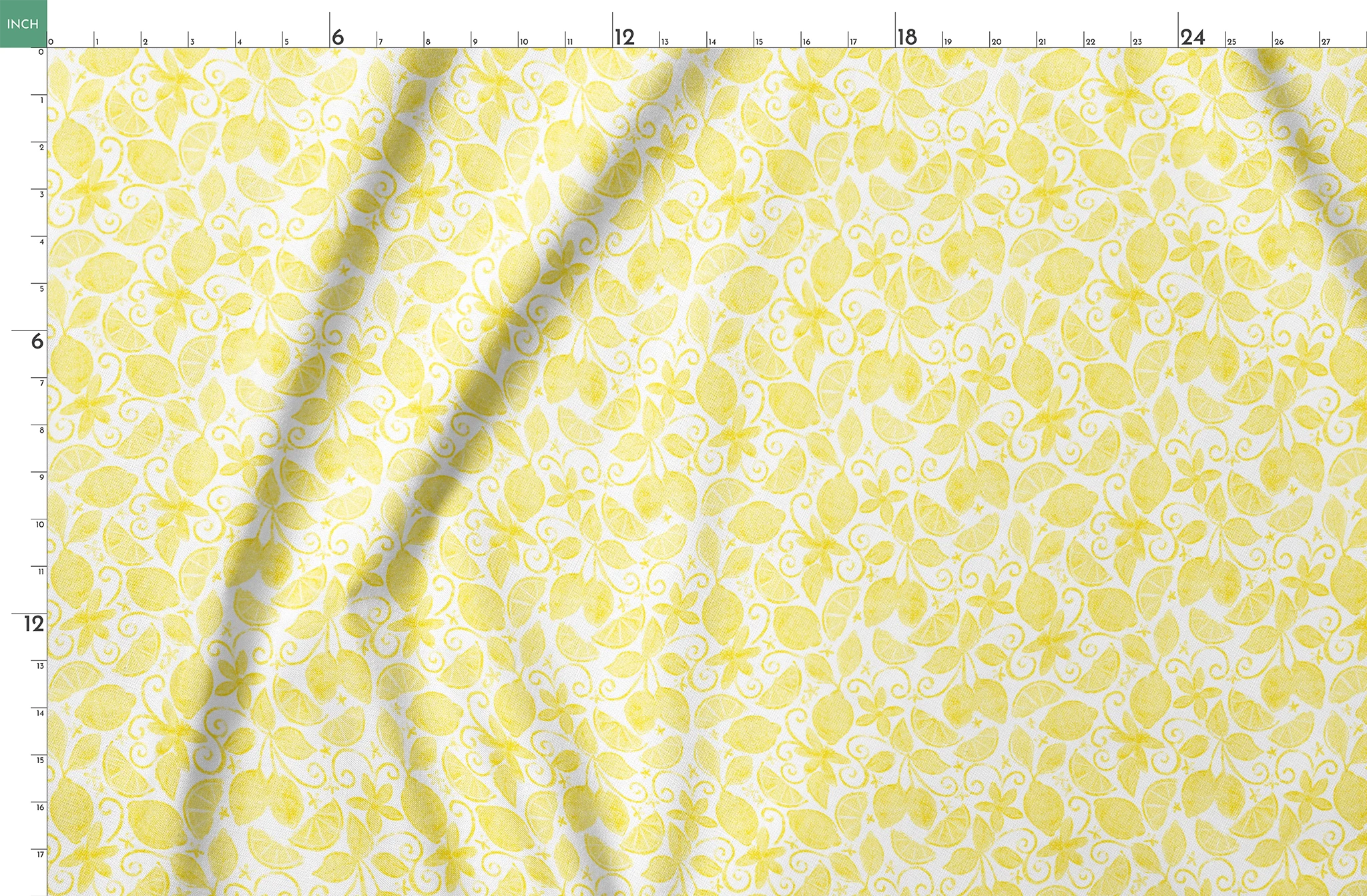Yellow lemon pattern by Nicole Tamarin with sliced lemons, leaves, and swirls on a white background springs fatquarter mockup
