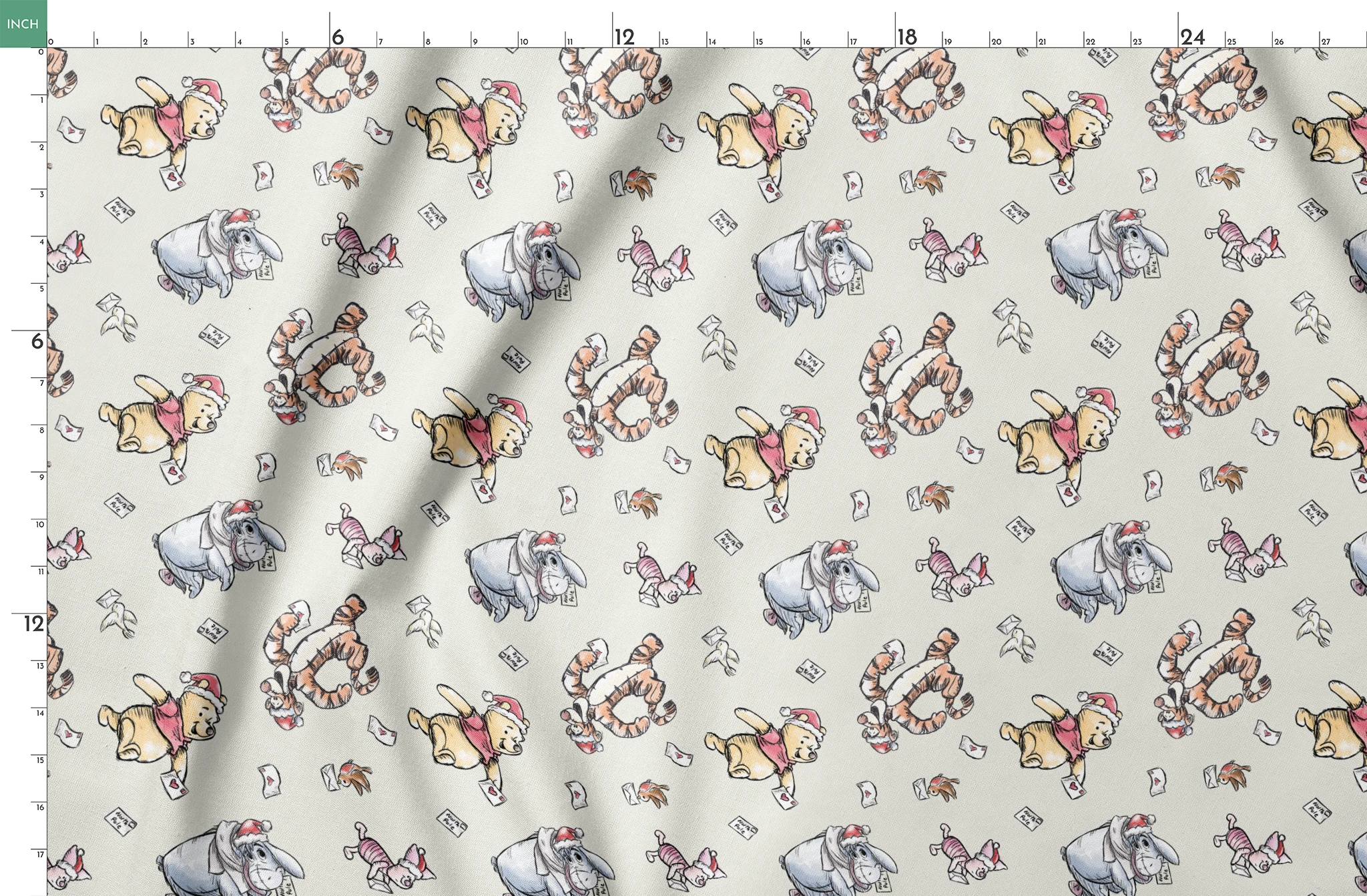 Whimsical cartoon characters in Santa hats on cream background with scattered letters springs fatquarter mockup