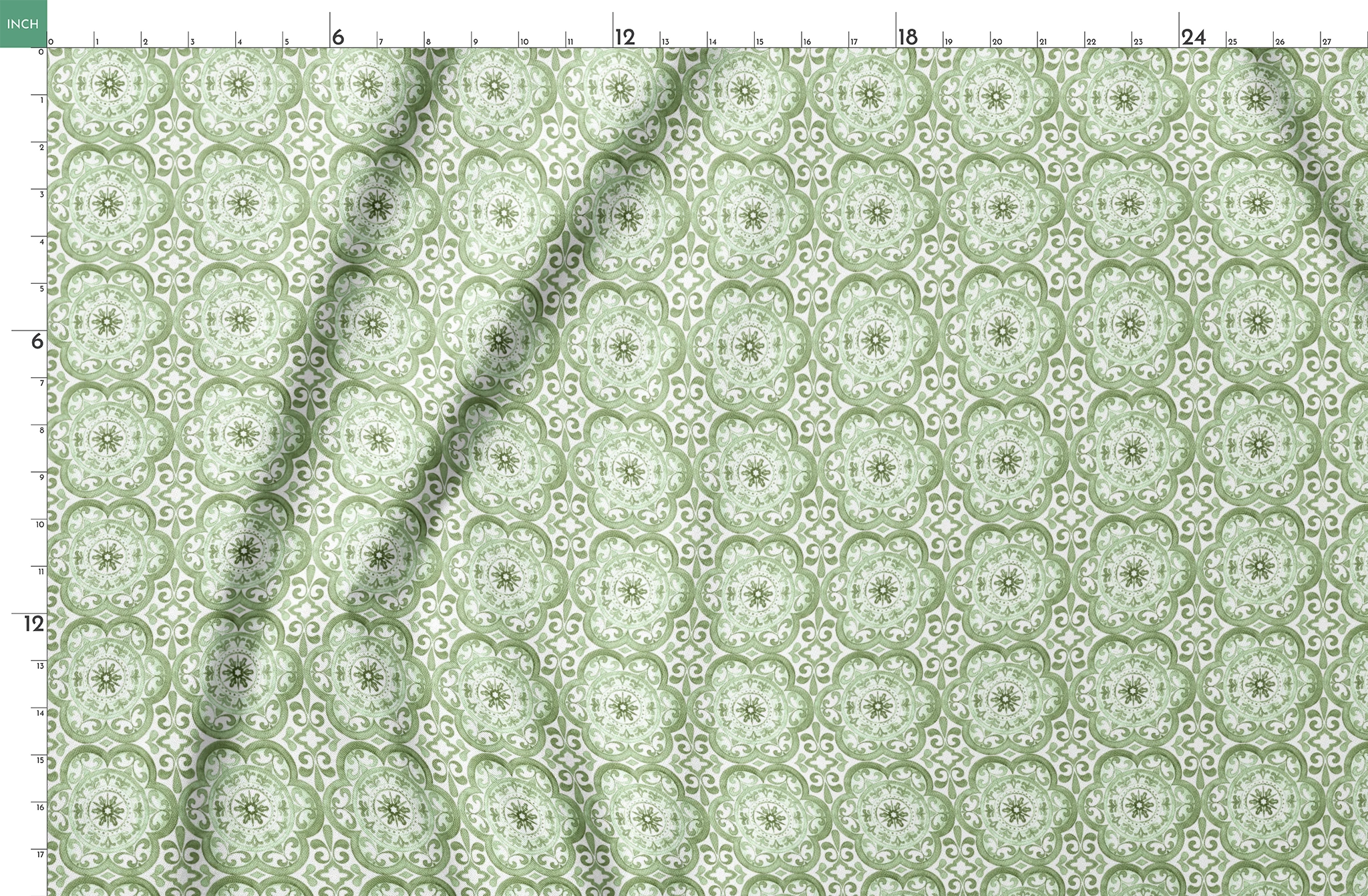 Green medallion tile-inspired pattern by Nicole Tamarin, featuring ornate floral details in a repeating square layout. springs fatquarter mockup