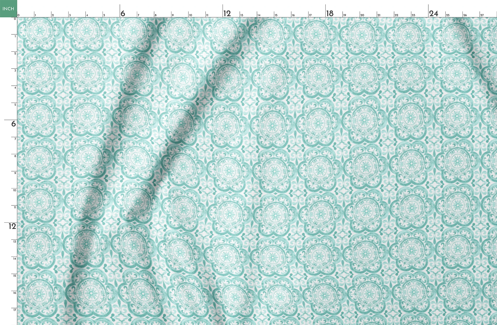 Teal medallion tile-inspired design with intricate floral and scroll details by Nicole Tamarin, from the Squeeze the Day collection. springs fatquarter mockup