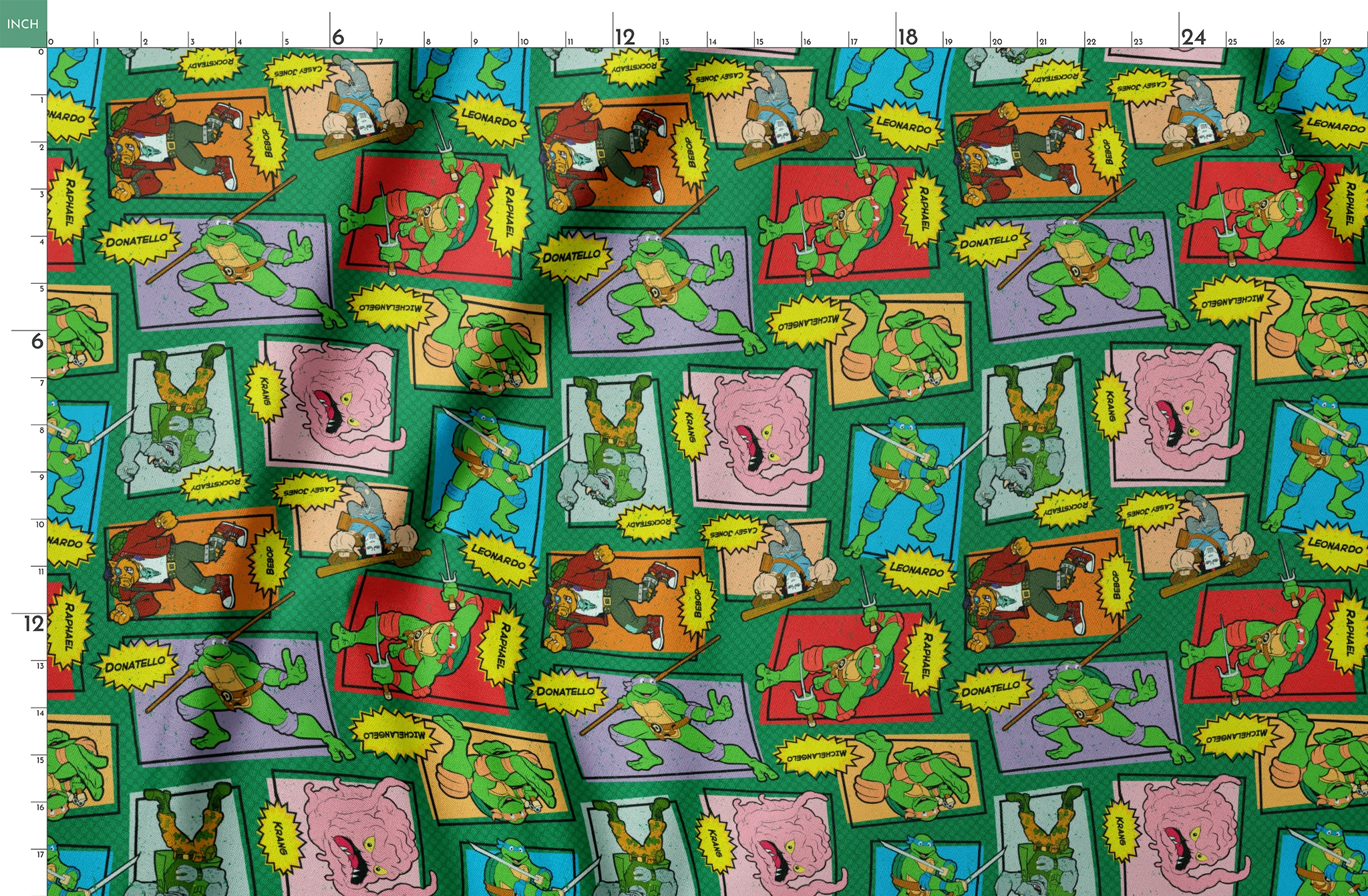 Retro Teenage Mutant Ninja Turtles comic print with turtles, villains, and action words in colorful panels. springs fatquarter mockup