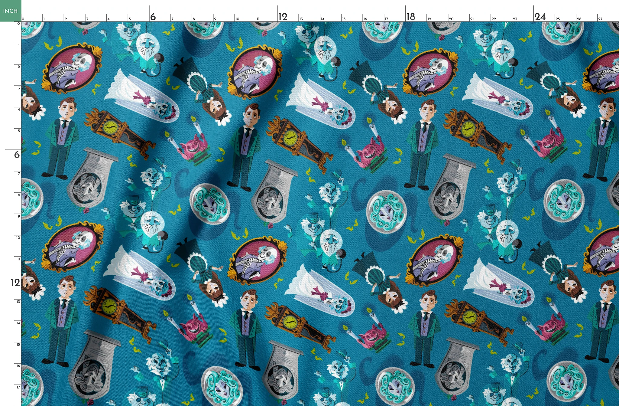 Haunted Mansion themed pattern with cartoon ghosts, portraits, coffins, and spooky elements on teal background springs fatquarter mockup