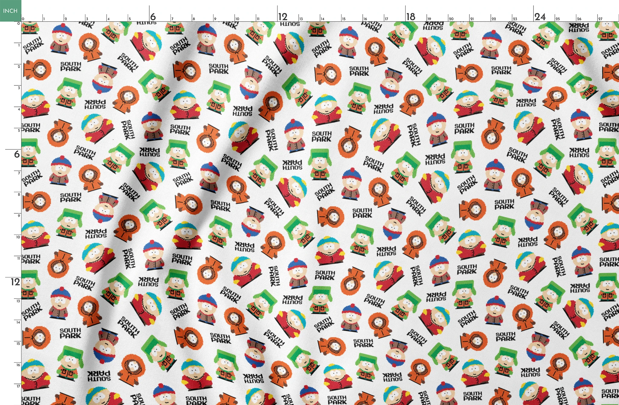 Pixel art versions of Stan, Kyle, Cartman, and Kenny with the South Park logo in black, tossed on a white background in various rotations. springs fatquarter mockup