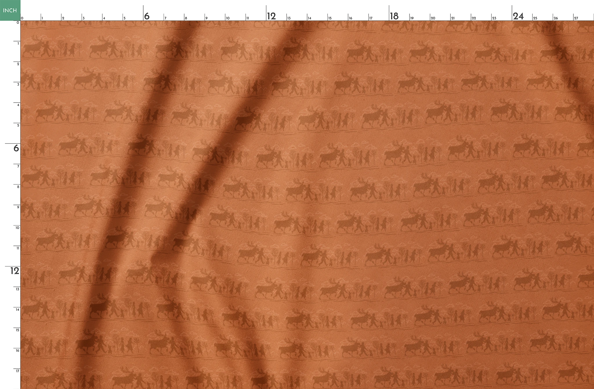 Repeating brown pattern with silhouettes of Frozen characters and trees in a rustic woodland scene springs fatquarter mockup