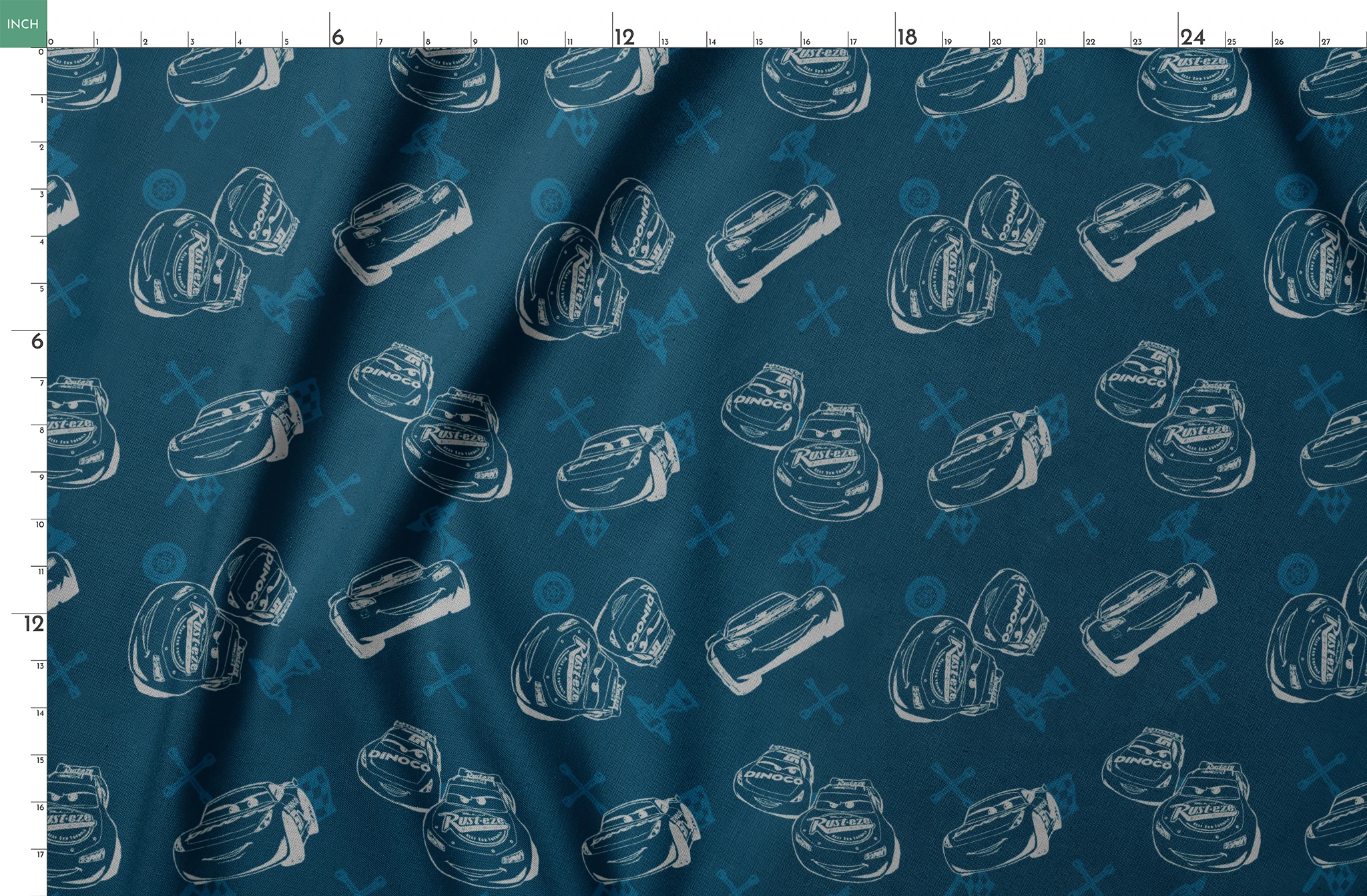 Race cars pattern on dark blue background with sketched vehicles and tire marks springs fatquarter mockup