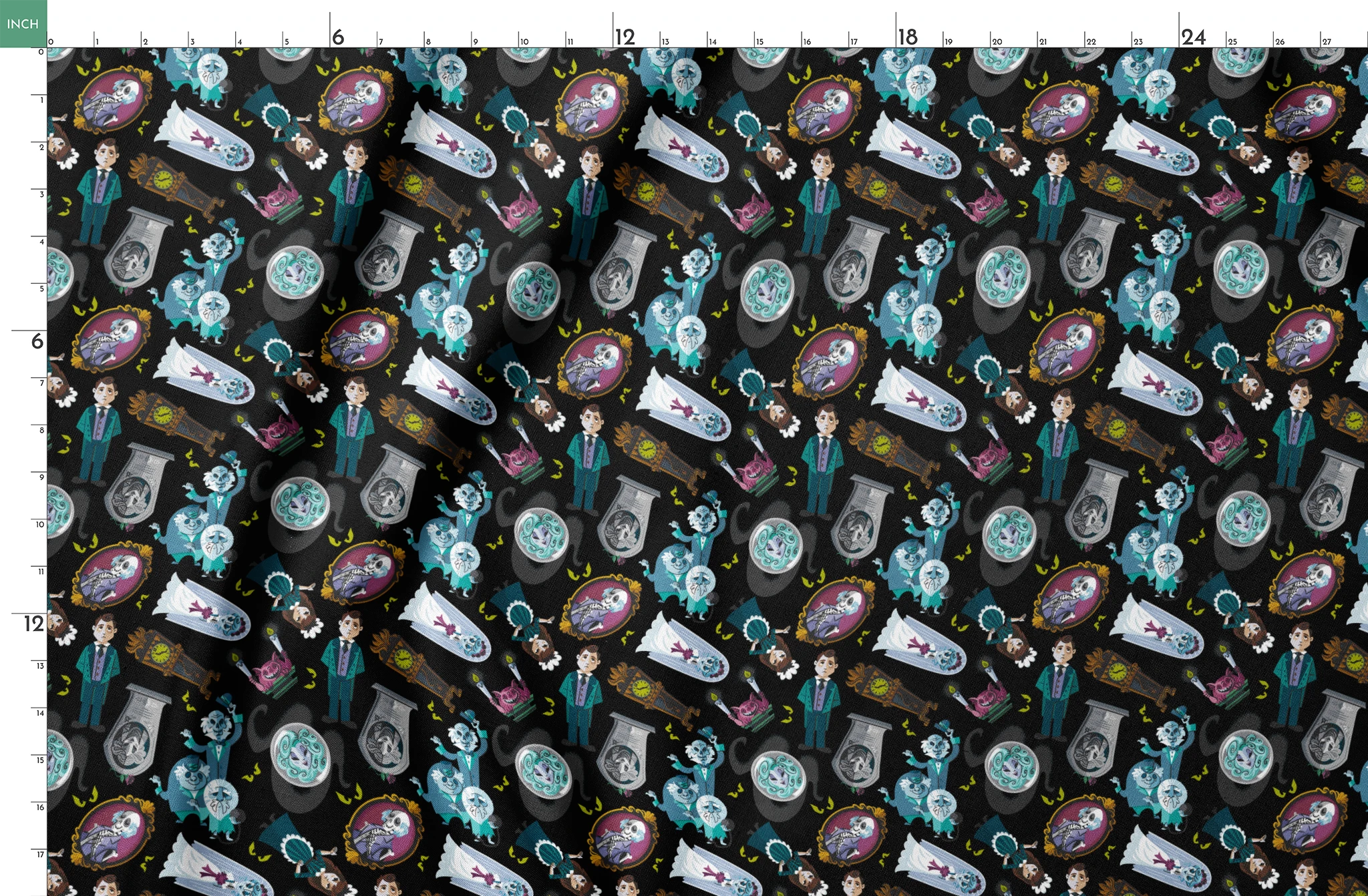 Haunted Mansion themed pattern with cartoon ghosts, characters, coffins, and spooky elements on black background springs fatquarter mockup