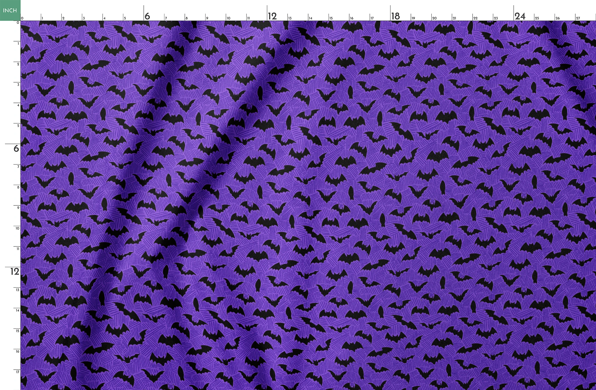 Black bat silhouettes scattered over purple zigzag background, Halloween-themed pattern springs fatquarter mockup