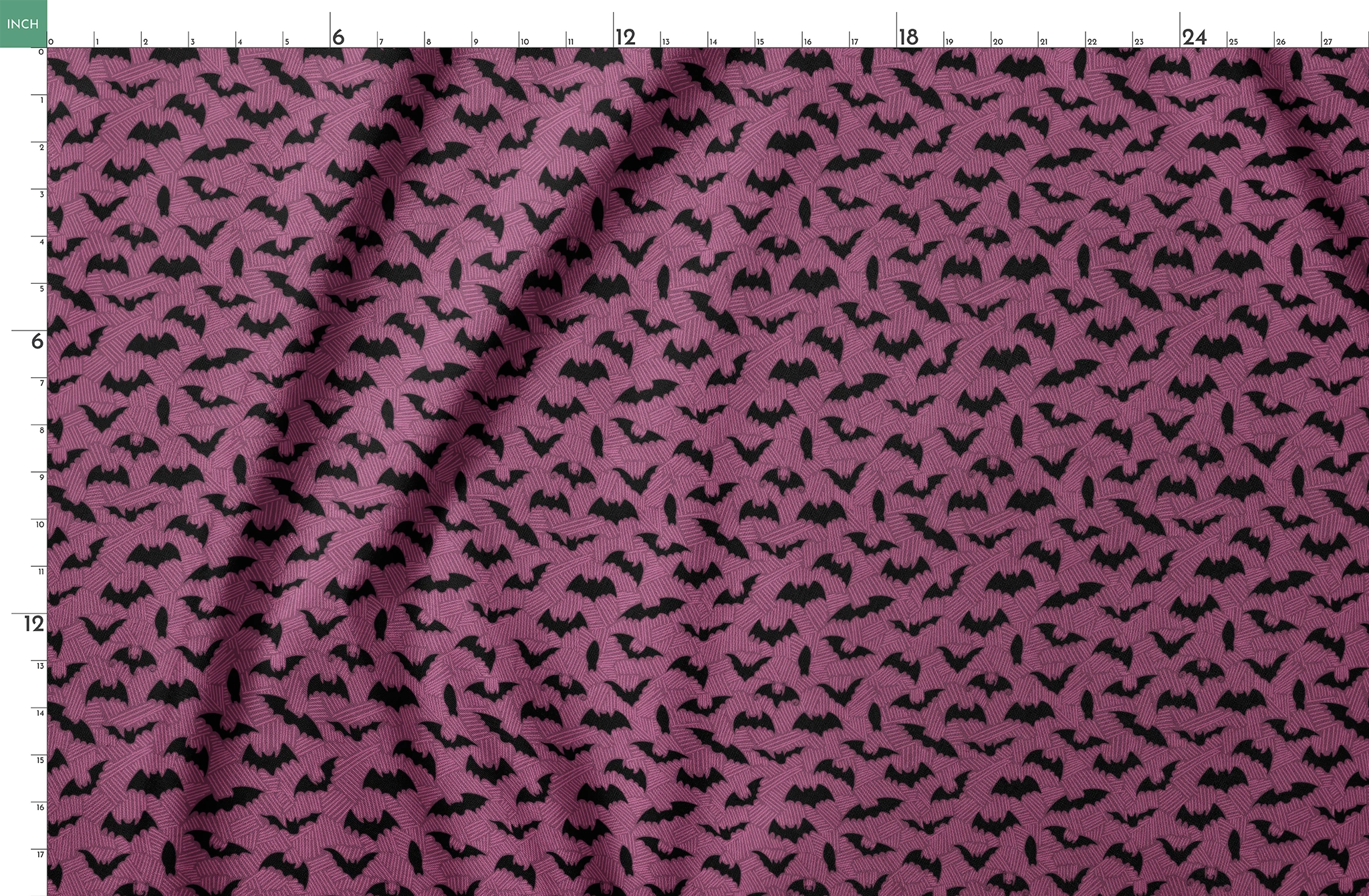 Black bat silhouettes scattered across a purple background with swirling line pattern springs fatquarter mockup