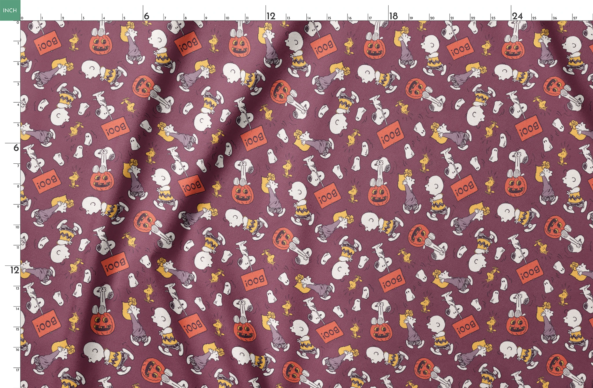 Snoopy and Woodstock Halloween pattern on purple background with pumpkins, ghosts, and "boo!" text springs fatquarter mockup
