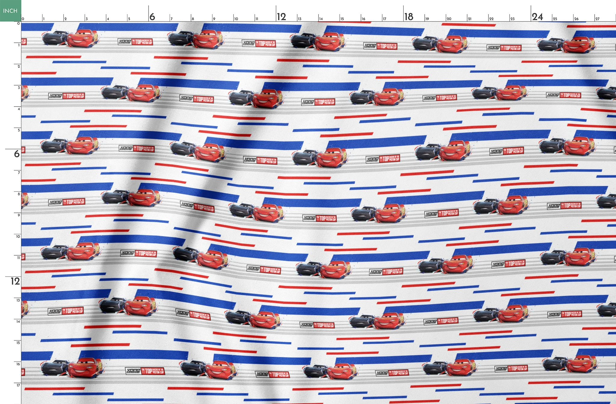 Red and black race cars from Disney Pixar's Cars movie on striped blue, white, and red background with XSpeed logo springs fatquarter mockup